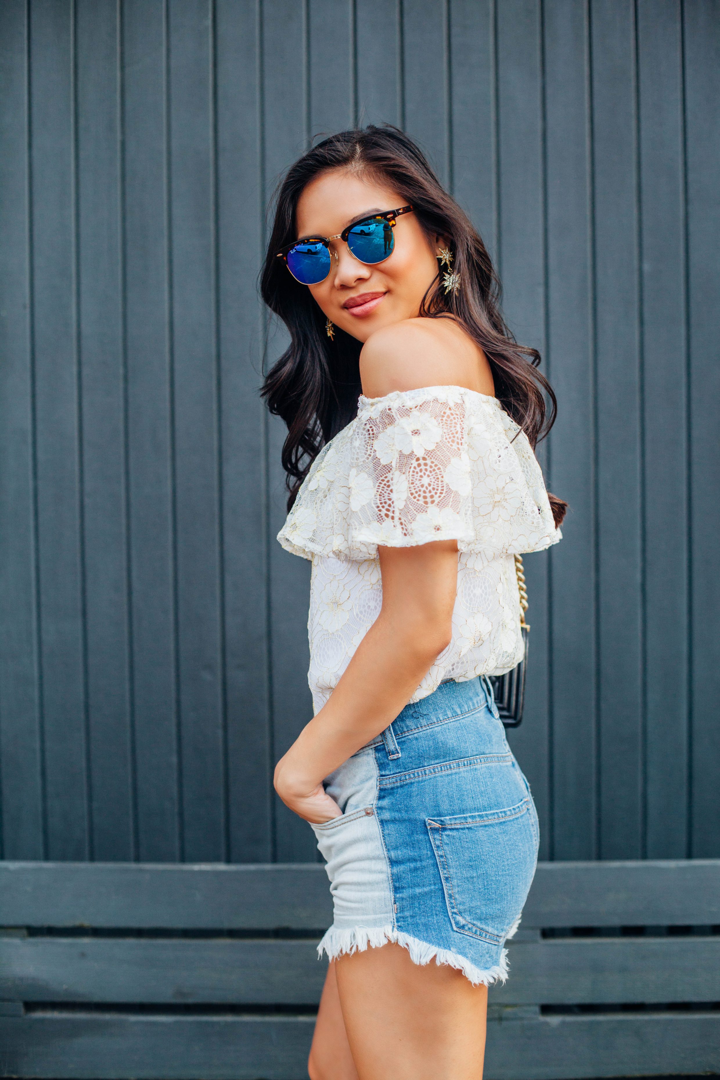 COLOR & CHIC | Floral Off the Shoulder Top and Cutoffs
