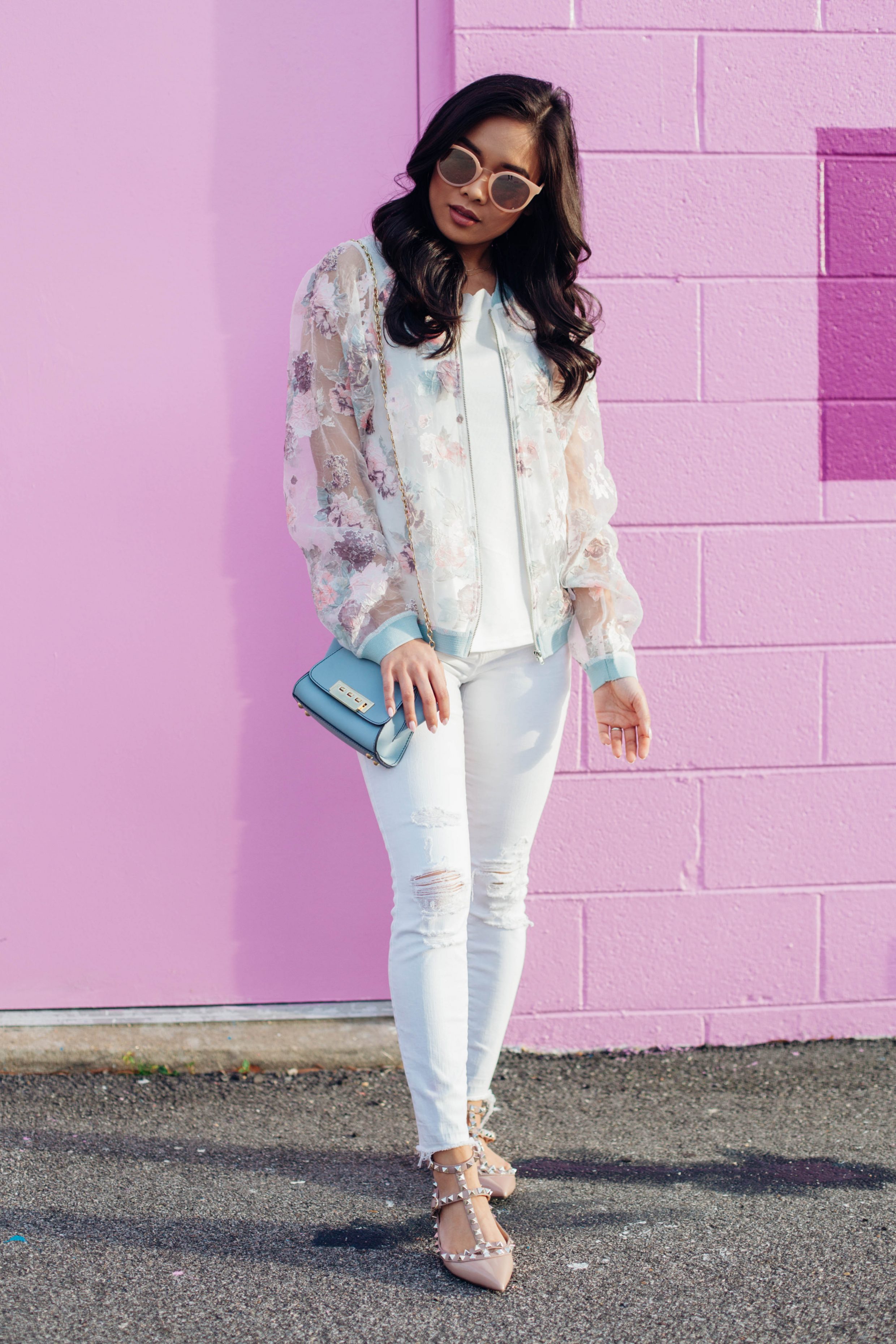 COLOR & CHIC | Floral bomber jacket over an all white look