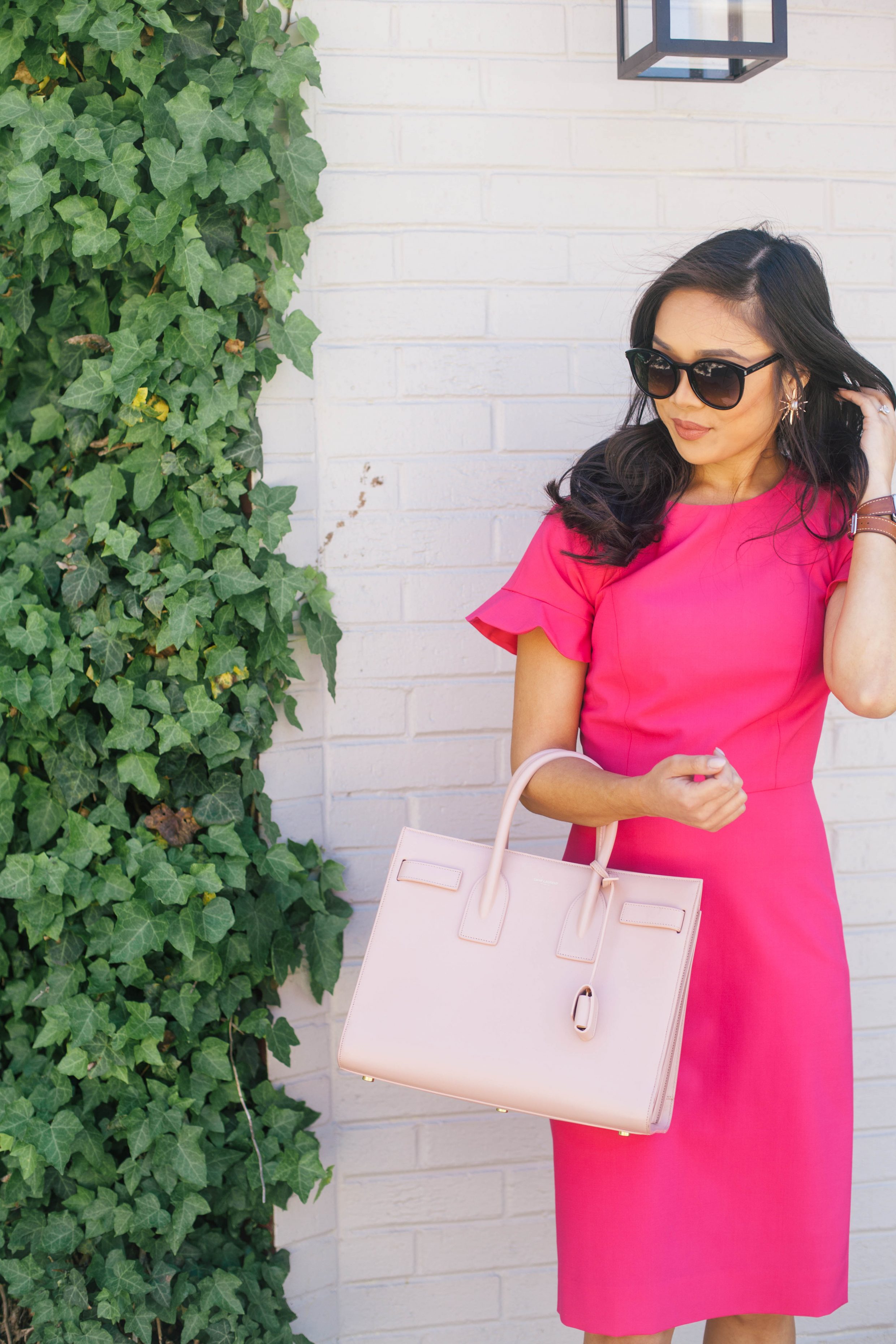 COLOR & CHIC | Hot Pink Ruffle Sleeve Dress for Work with Saint Laurent Sac de Jour