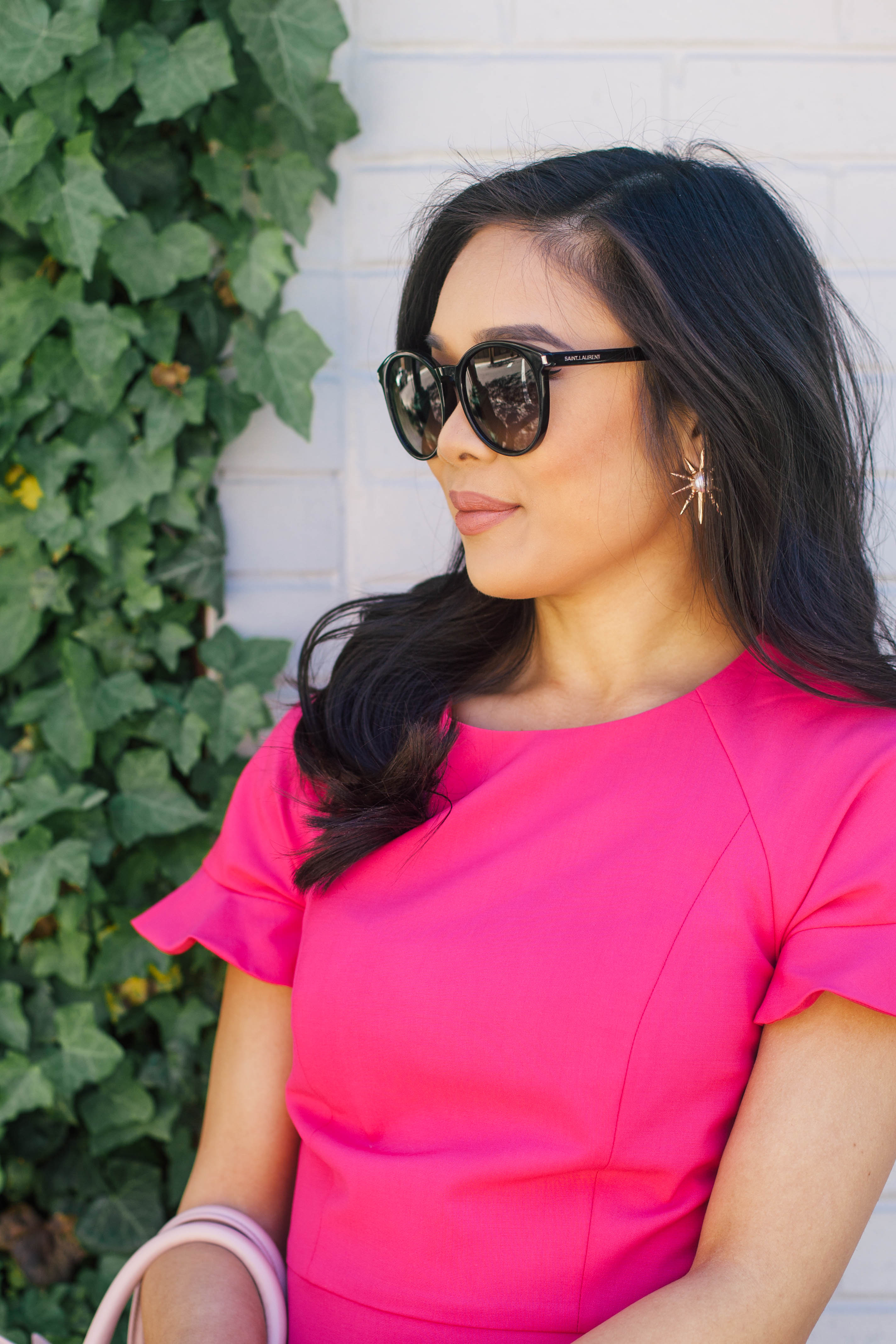COLOR & CHIC | Hot Pink Ruffle Sleeve Dress for Work with Saint Laurent Sac de Jour