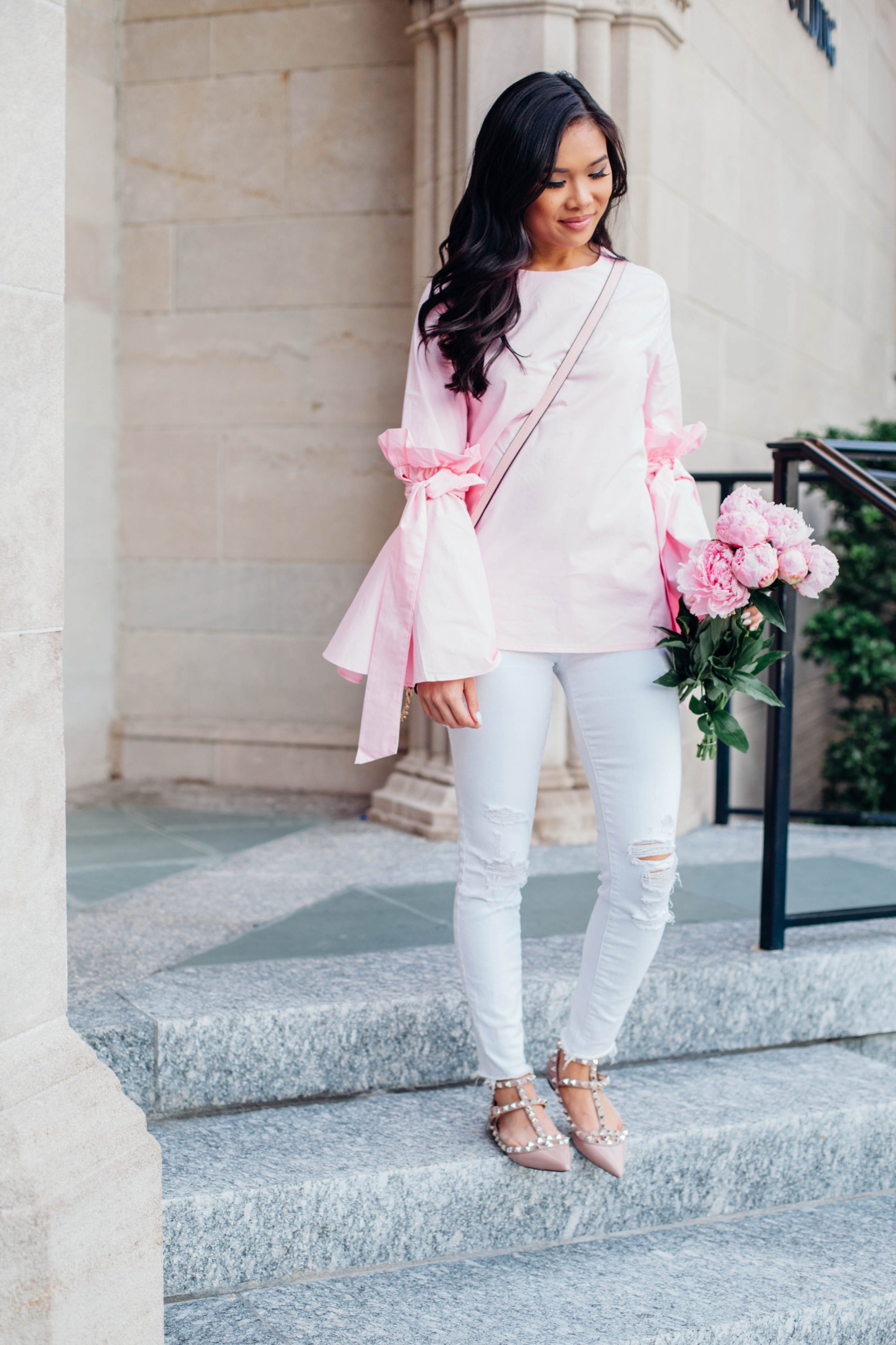 COLOR & CHIC | Dramatic Bell Sleeve Top with White Jeans