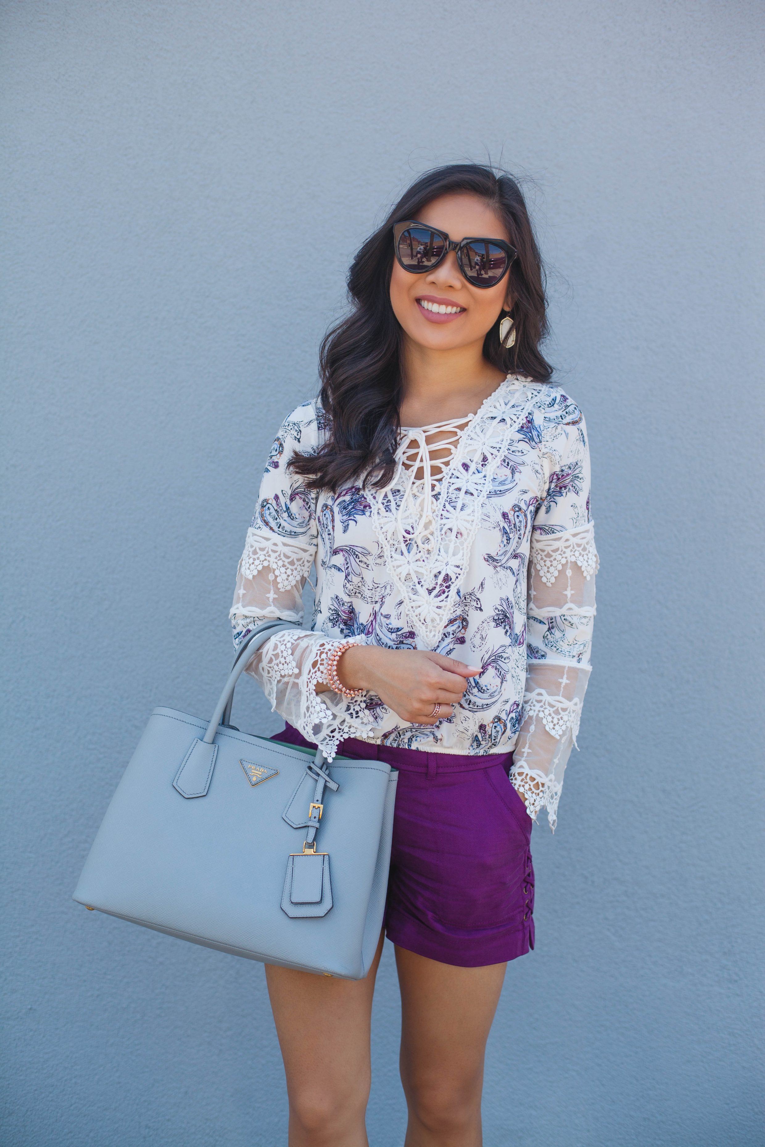 Dressy Casual :: Lace-Up Floral Top & Purple Shorts - Color & Chic