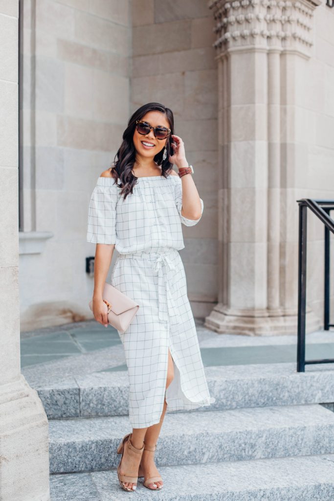 Summer White :: Off the Shoulder Midi Dress - Color & Chic