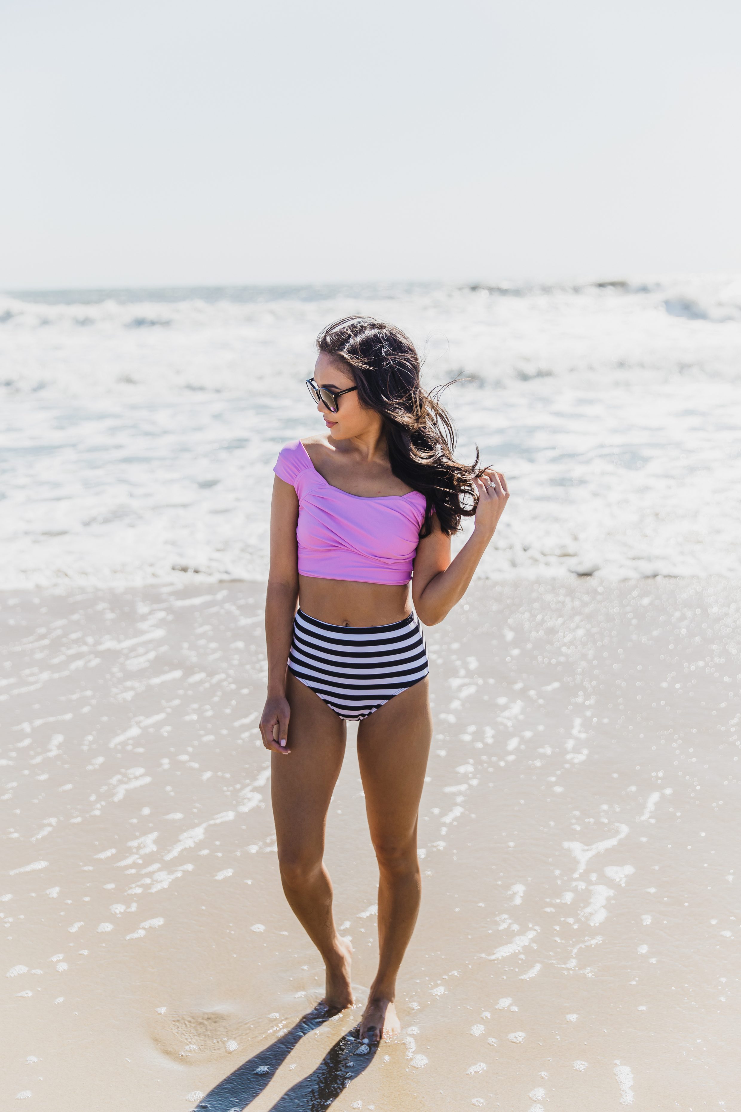 COLOR & CHIC | Orchid Swim Top + Striped High-Waisted Bottoms