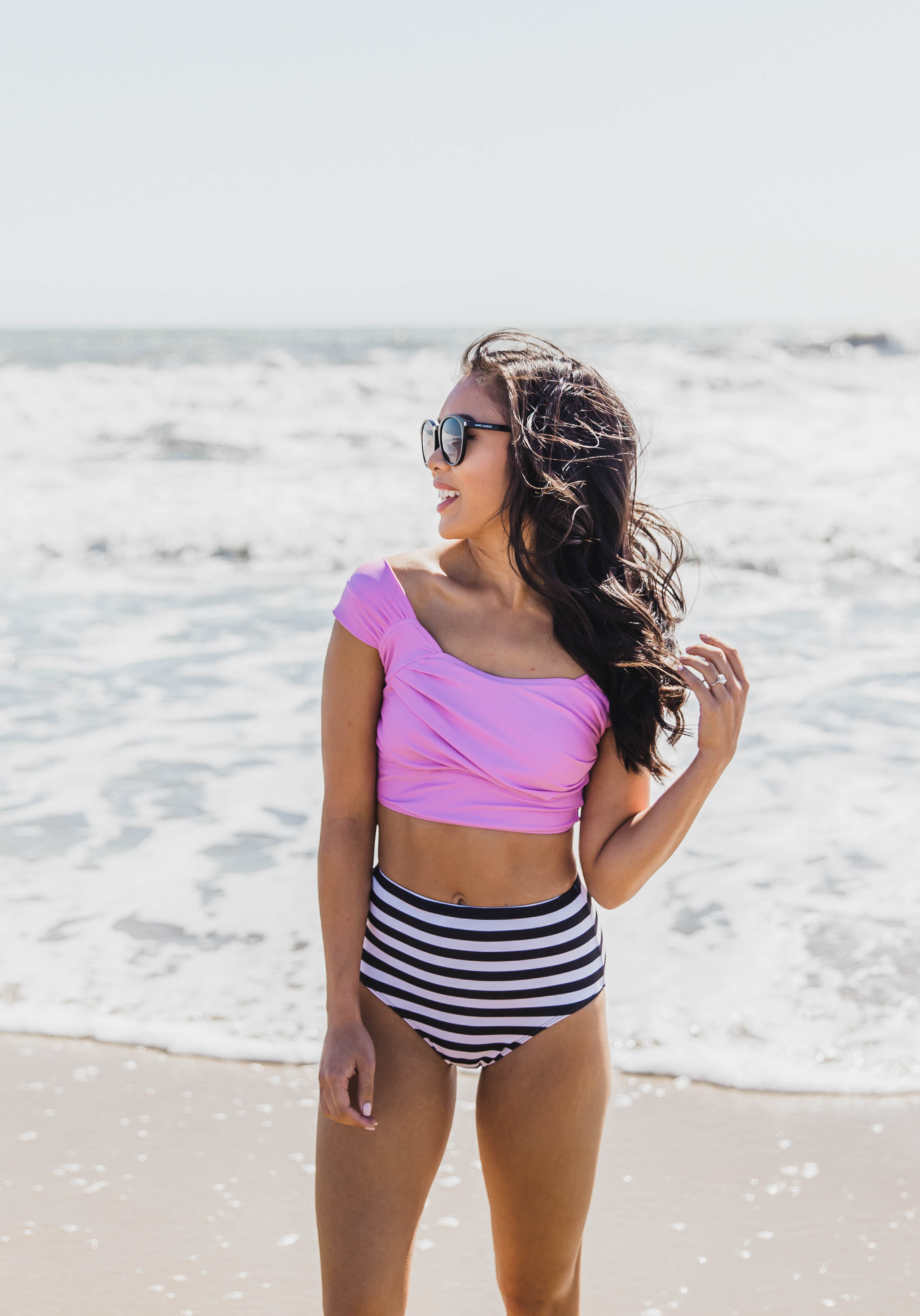 COLOR & CHIC | Orchid Swim Top + Striped High-Waisted Bottoms