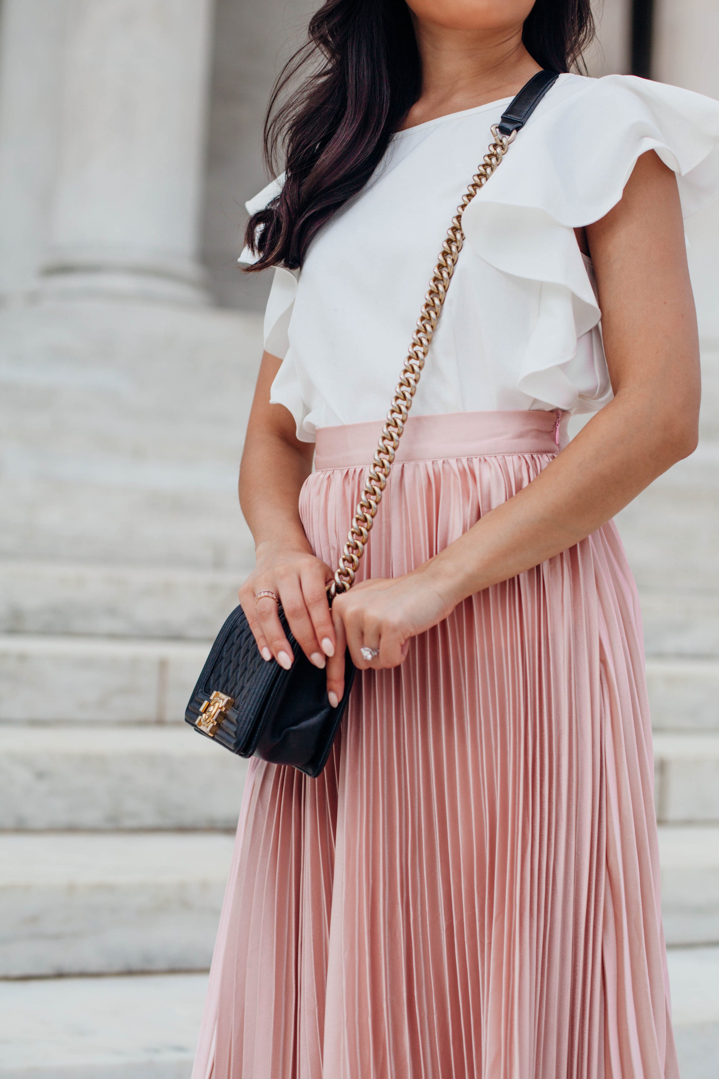 COLOR & CHIC | Pink Pleated Maxi Skirt and Chanel Boy Bag