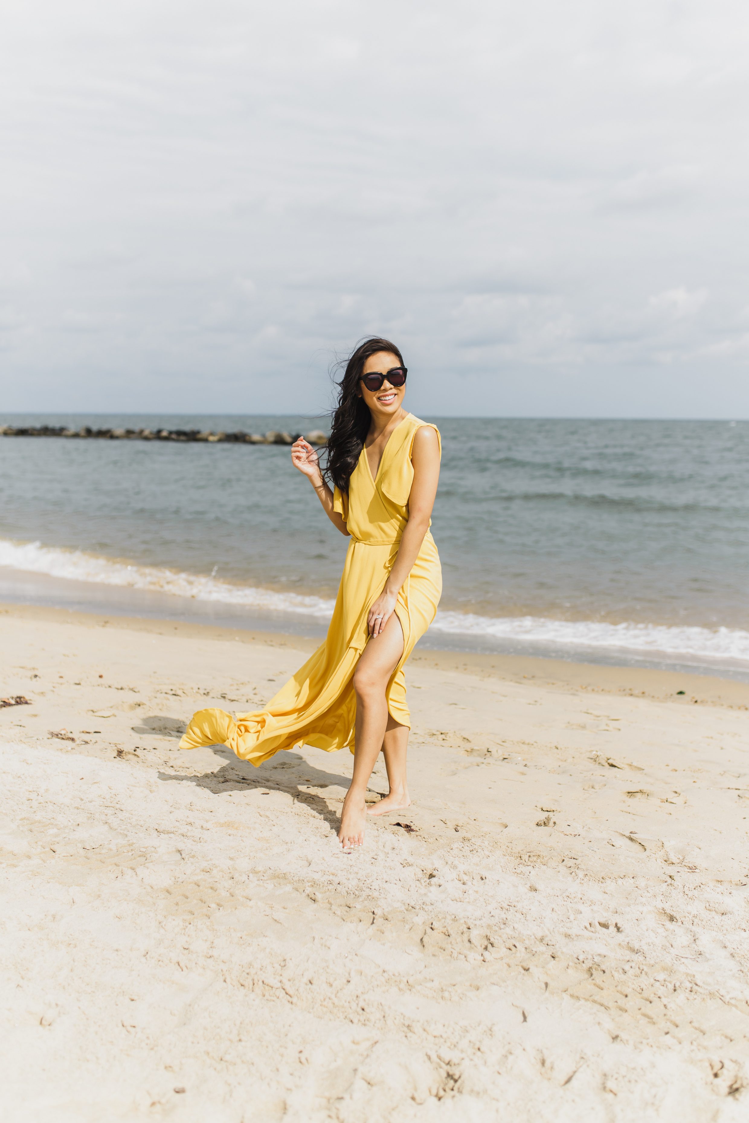 COLOR & CHIC | Yellow wrap maxi dress at the beach