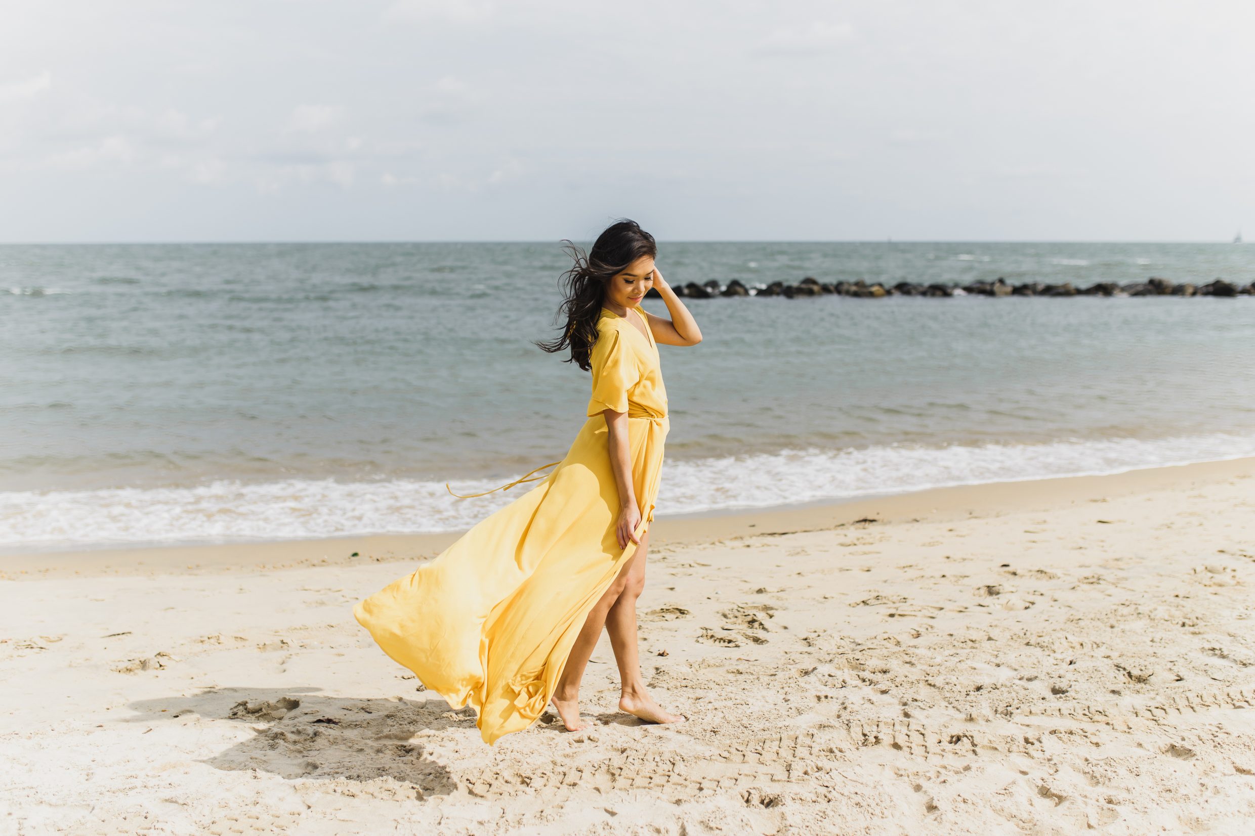 COLOR & CHIC | Yellow wrap maxi dress at the beach