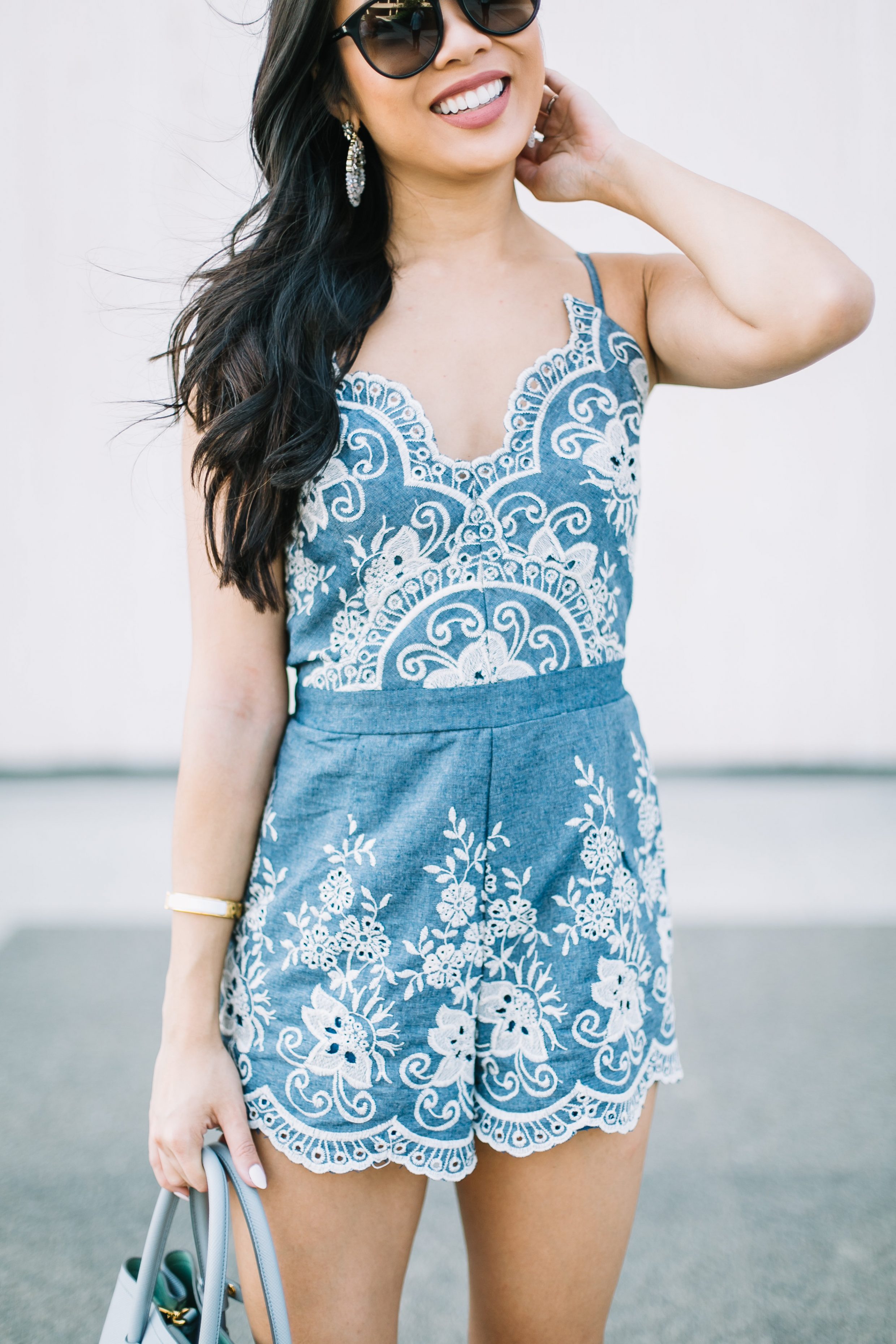 COLOR & CHIC | Embroidered Chambray Romper