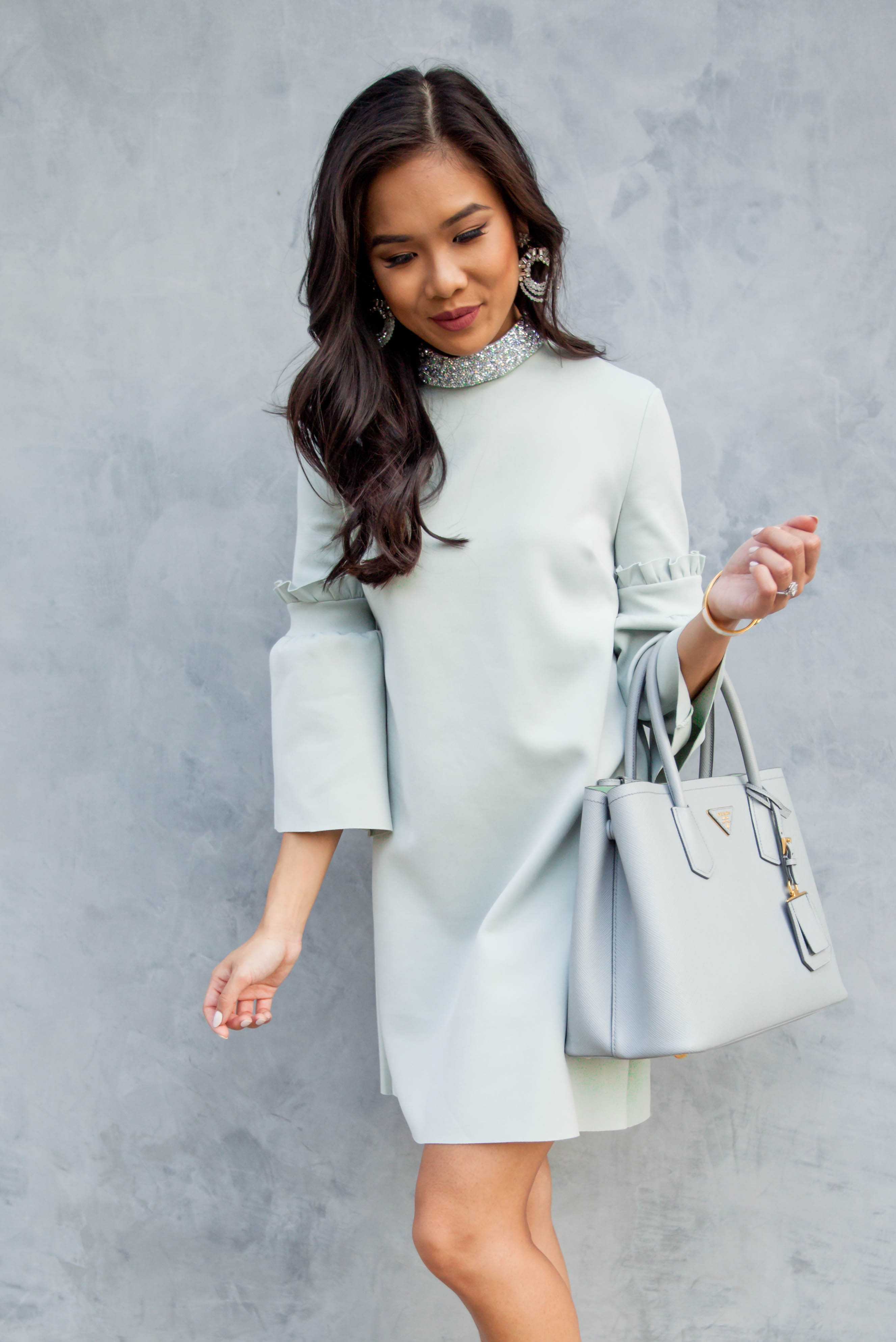 COLOR & CHIC | Mint Embellished Frill Sleeve Dress