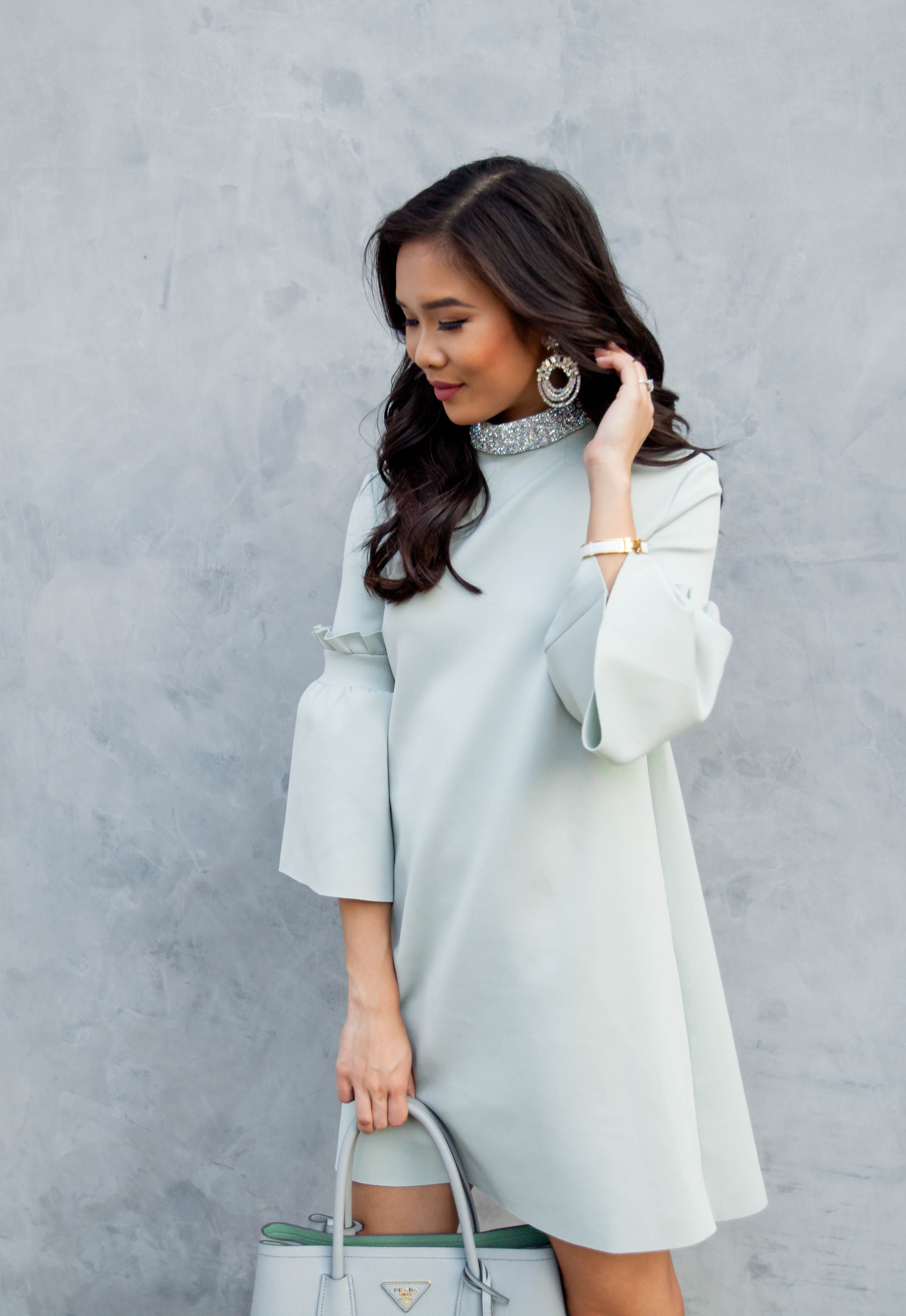 COLOR & CHIC | Mint Embellished Frill Sleeve Dress