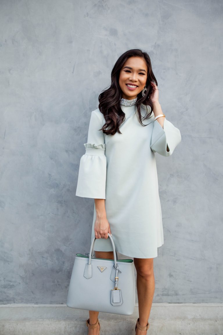 A Little Fancy Mint Frill Sleeve Embellished Dress Color & Chic