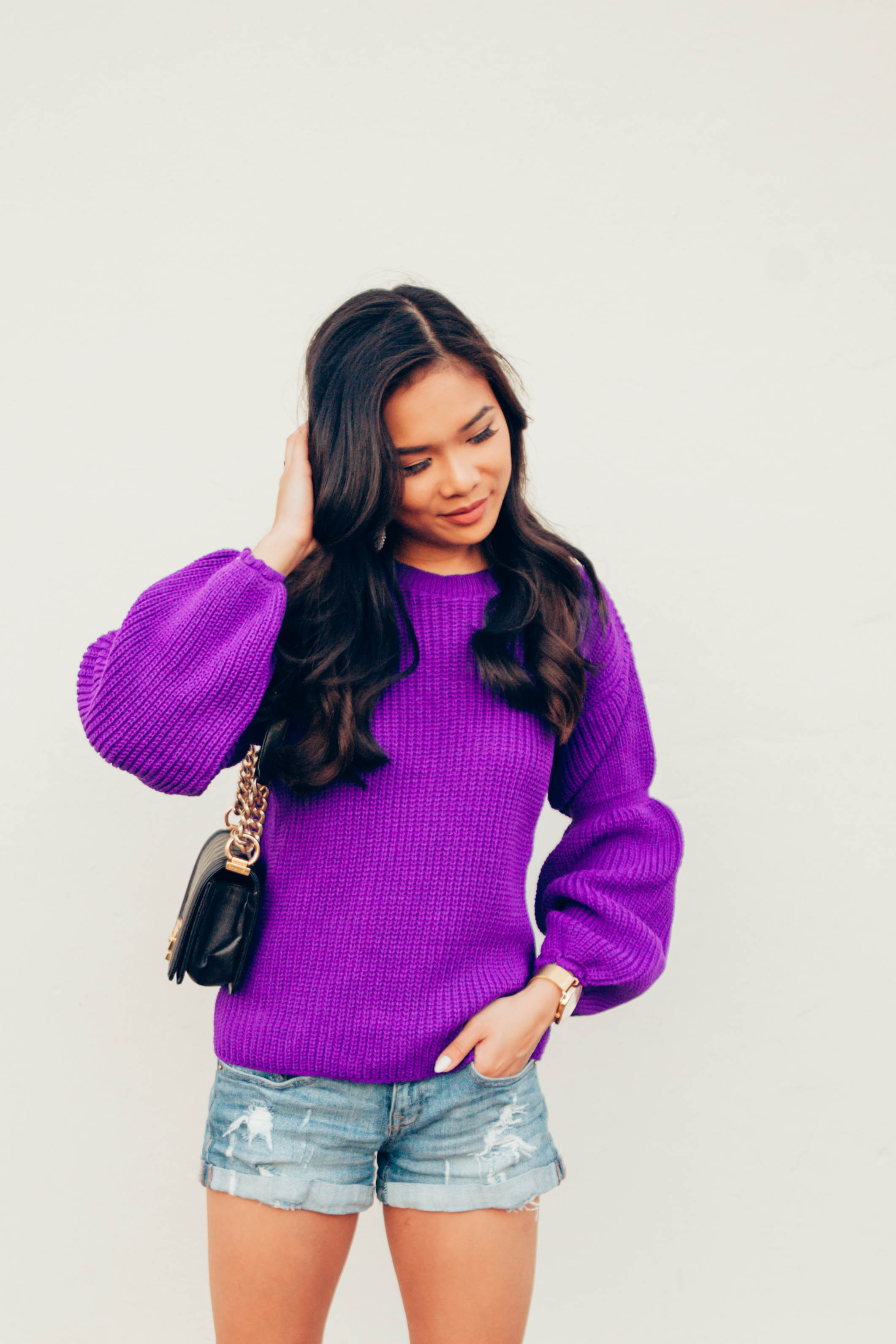 COLOR & CHIC | Purple balloon sleeve sweater