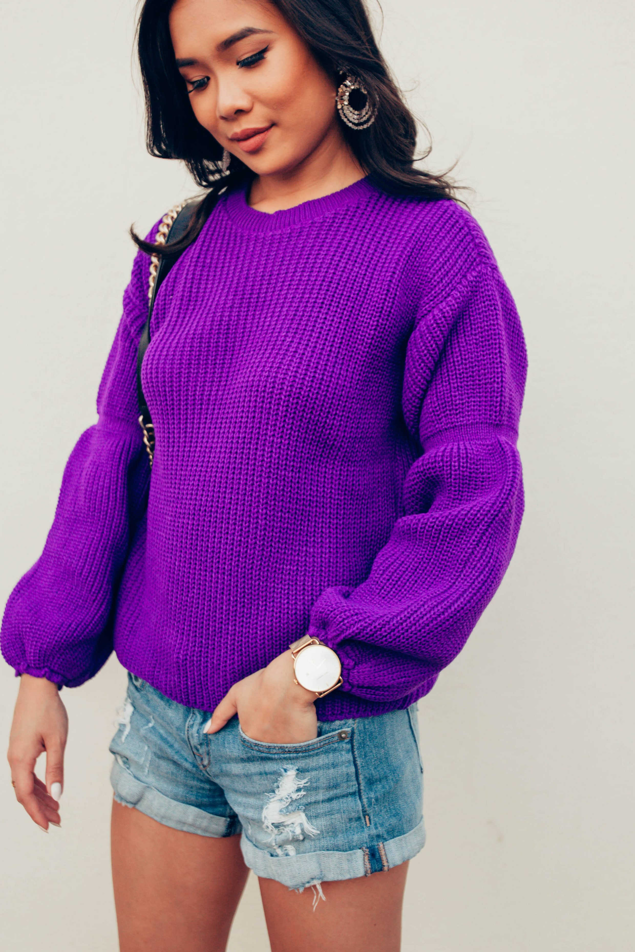 COLOR & CHIC | Purple balloon sleeve sweater