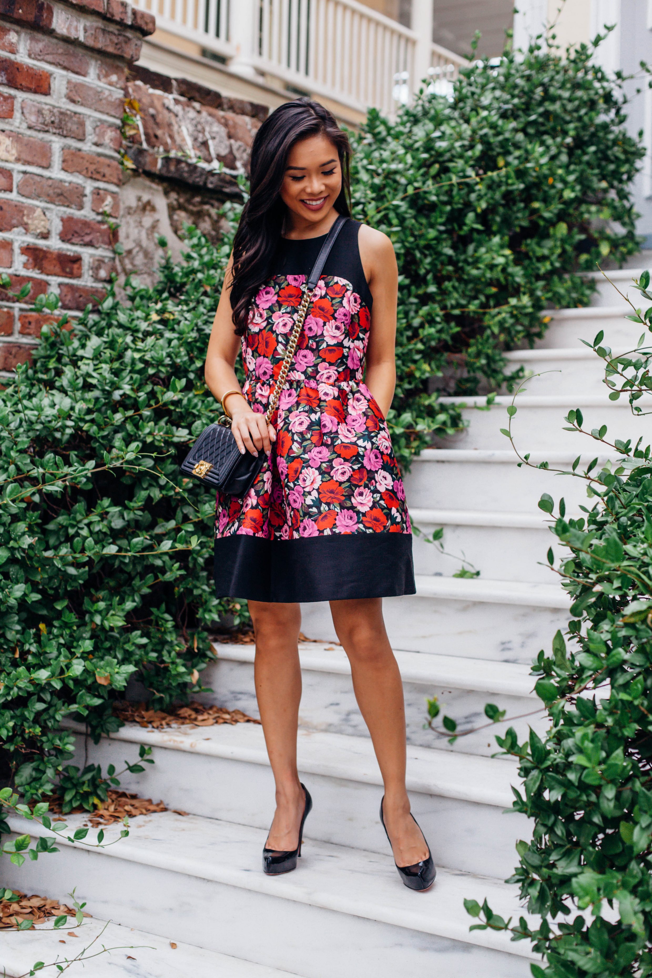 Floral dress with pockets and Chanel boy bag