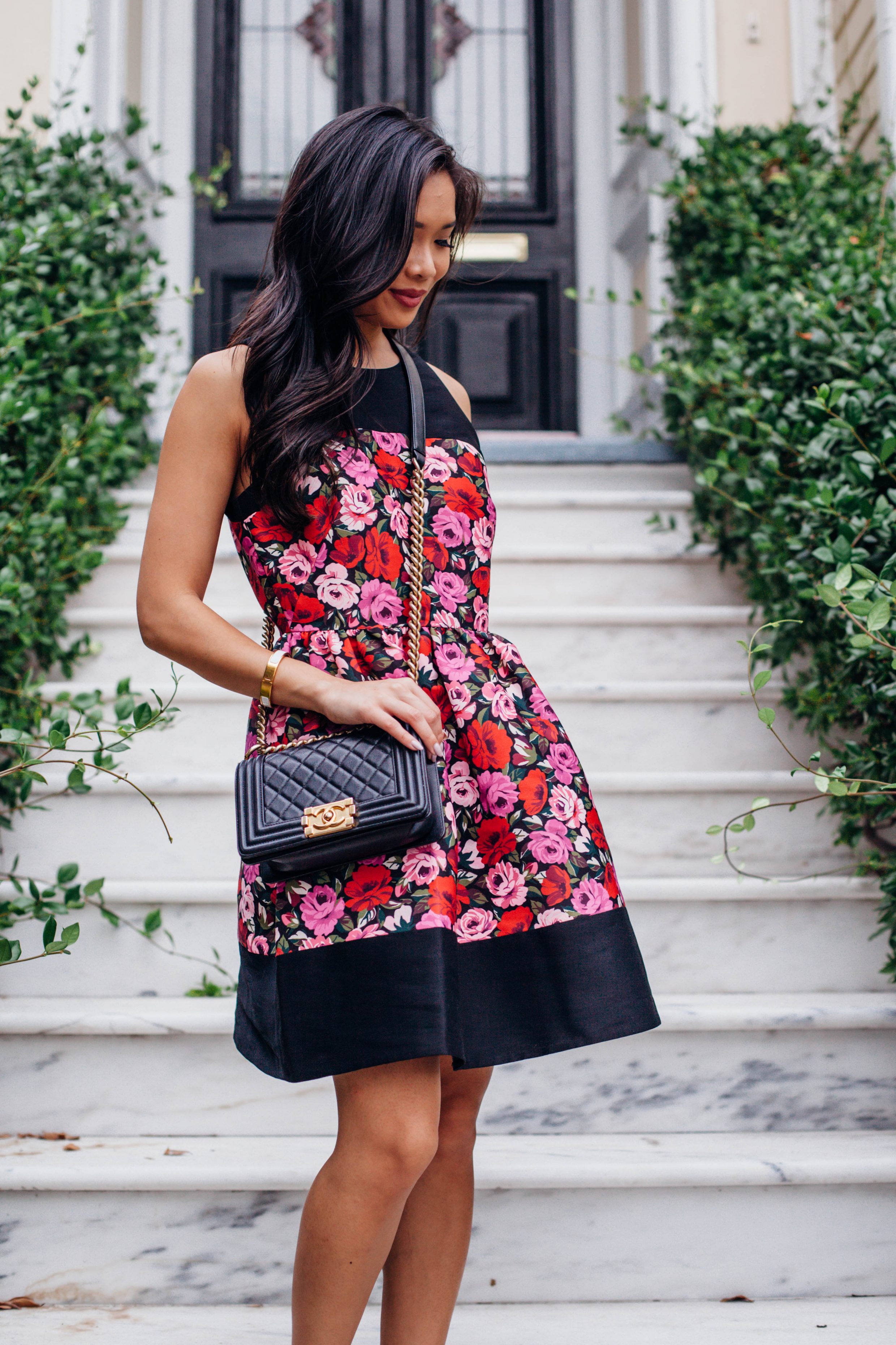 Floral dress with pockets and Chanel boy bag