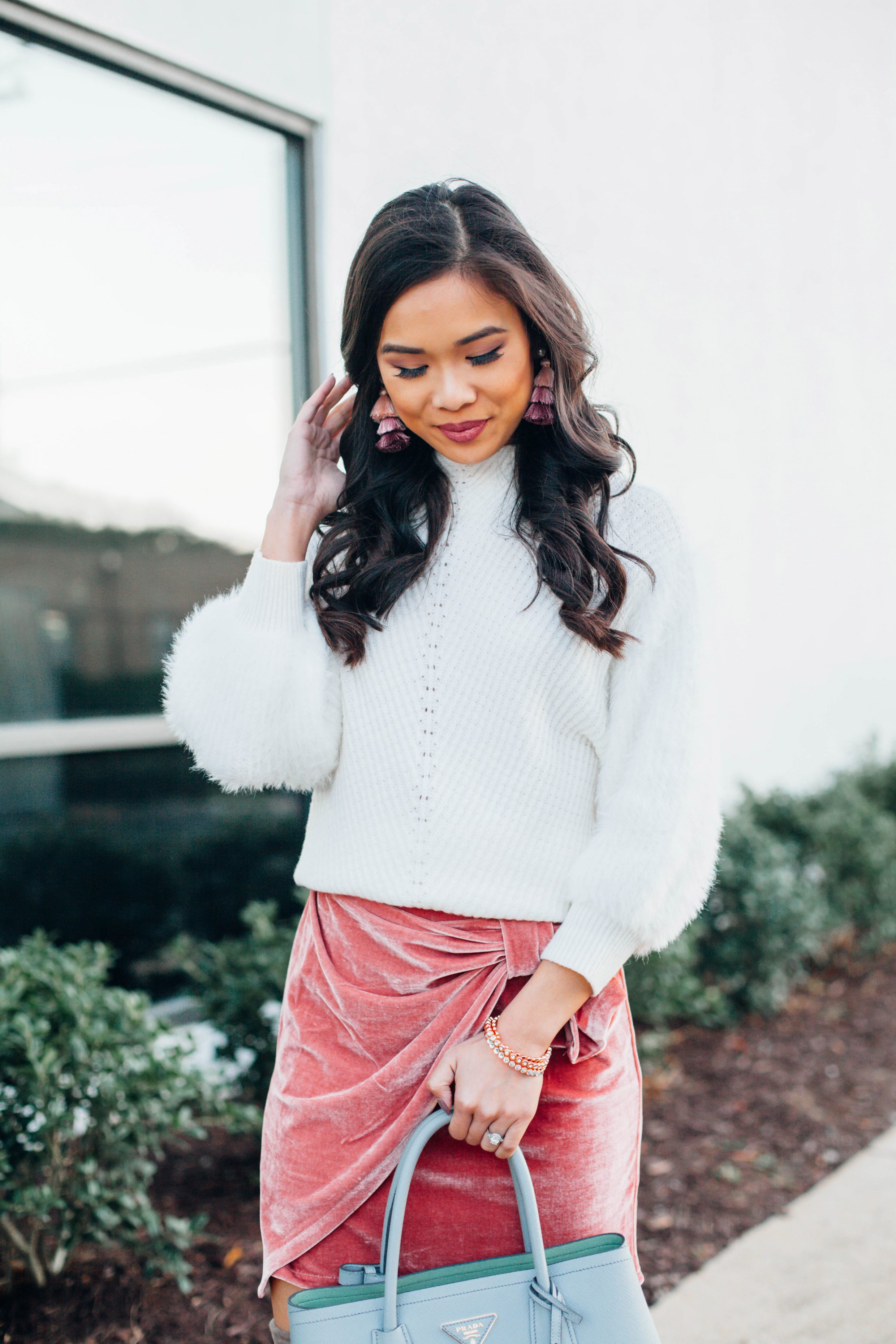 Velvet Wrap mini skirt and white sweater