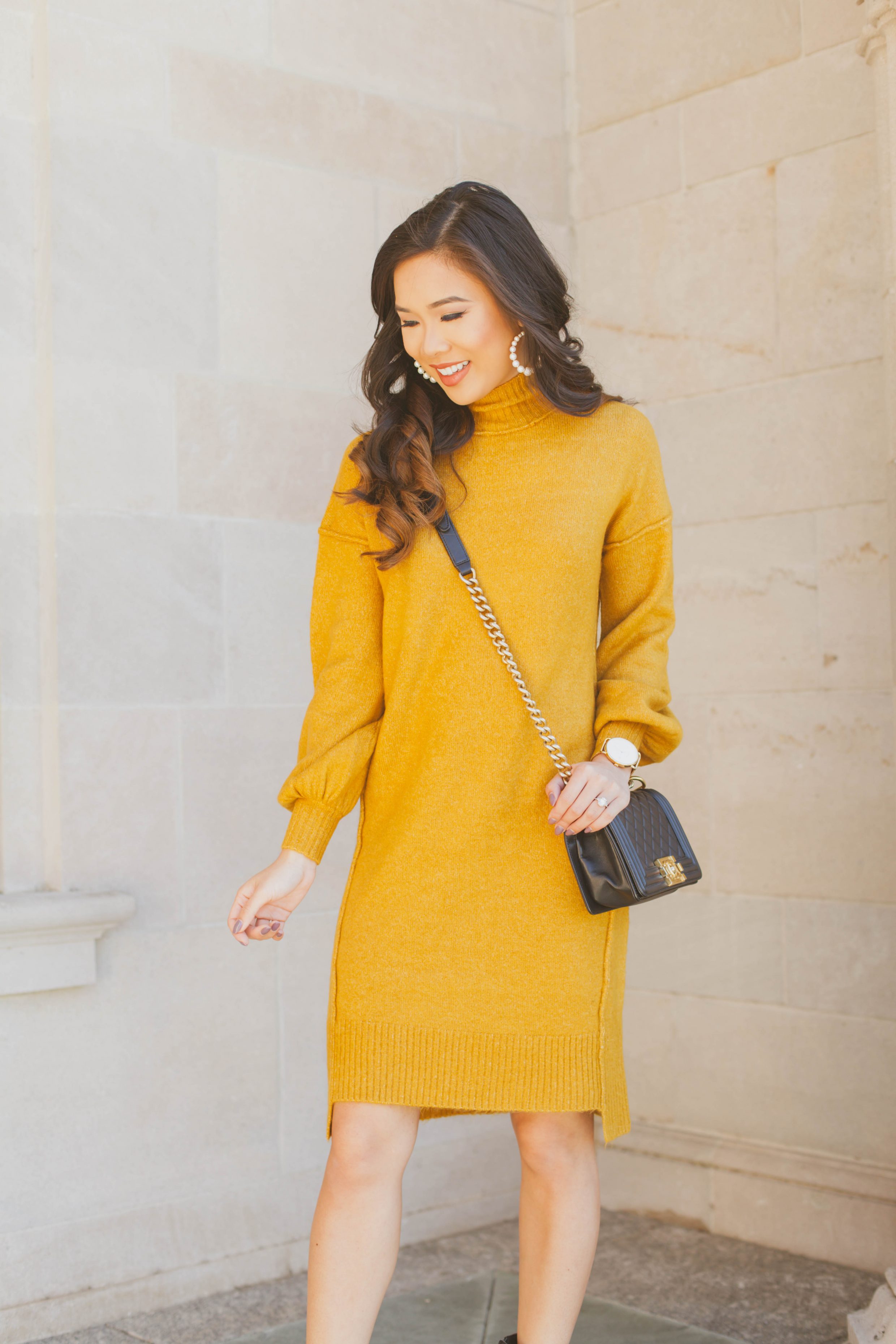 Touches of Gold :: Balloon Sleeve Dress + Block Heel Boots - Color & Chic