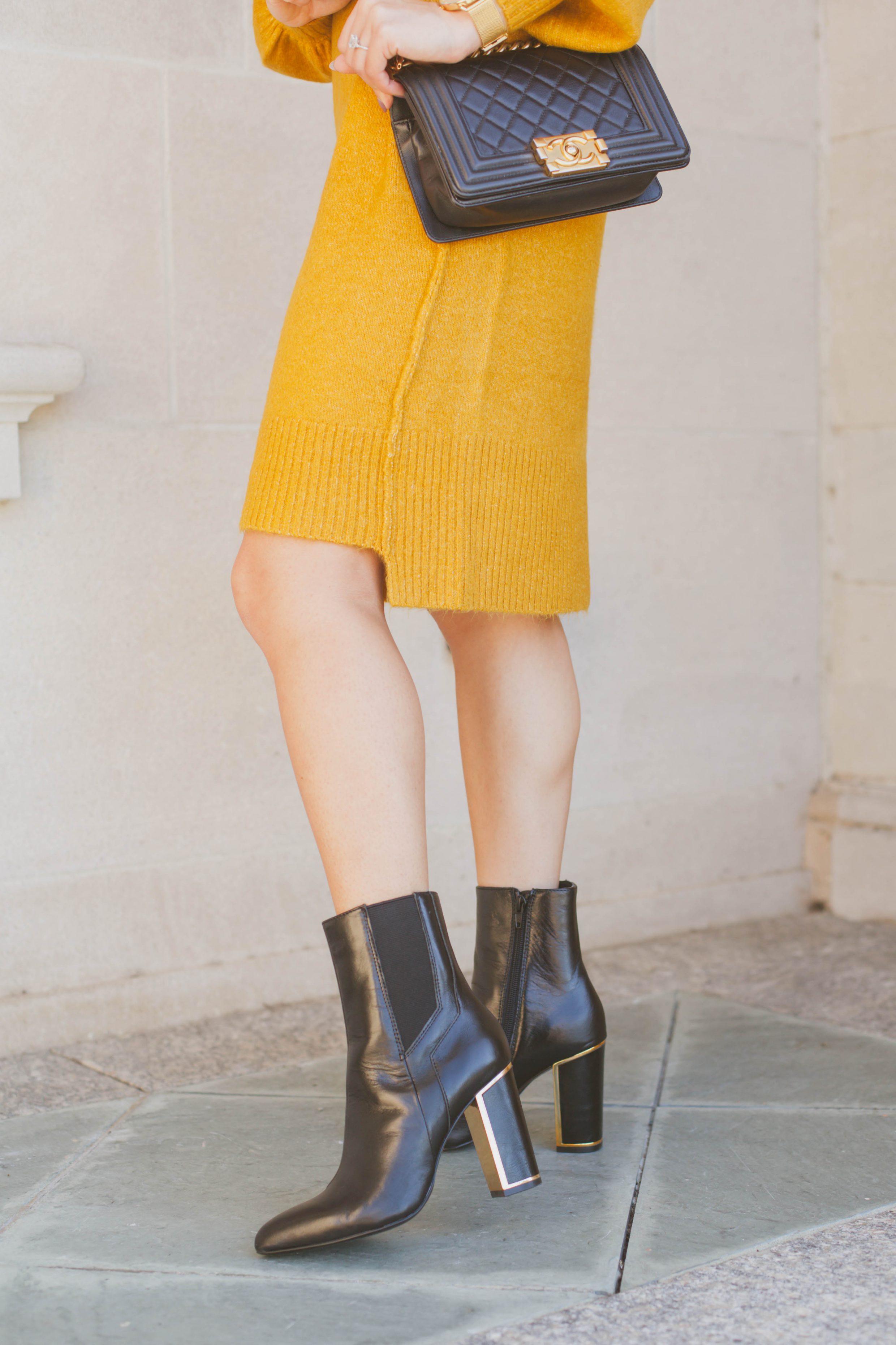 Balloon sleeve sweater dress with gold-tone booties
