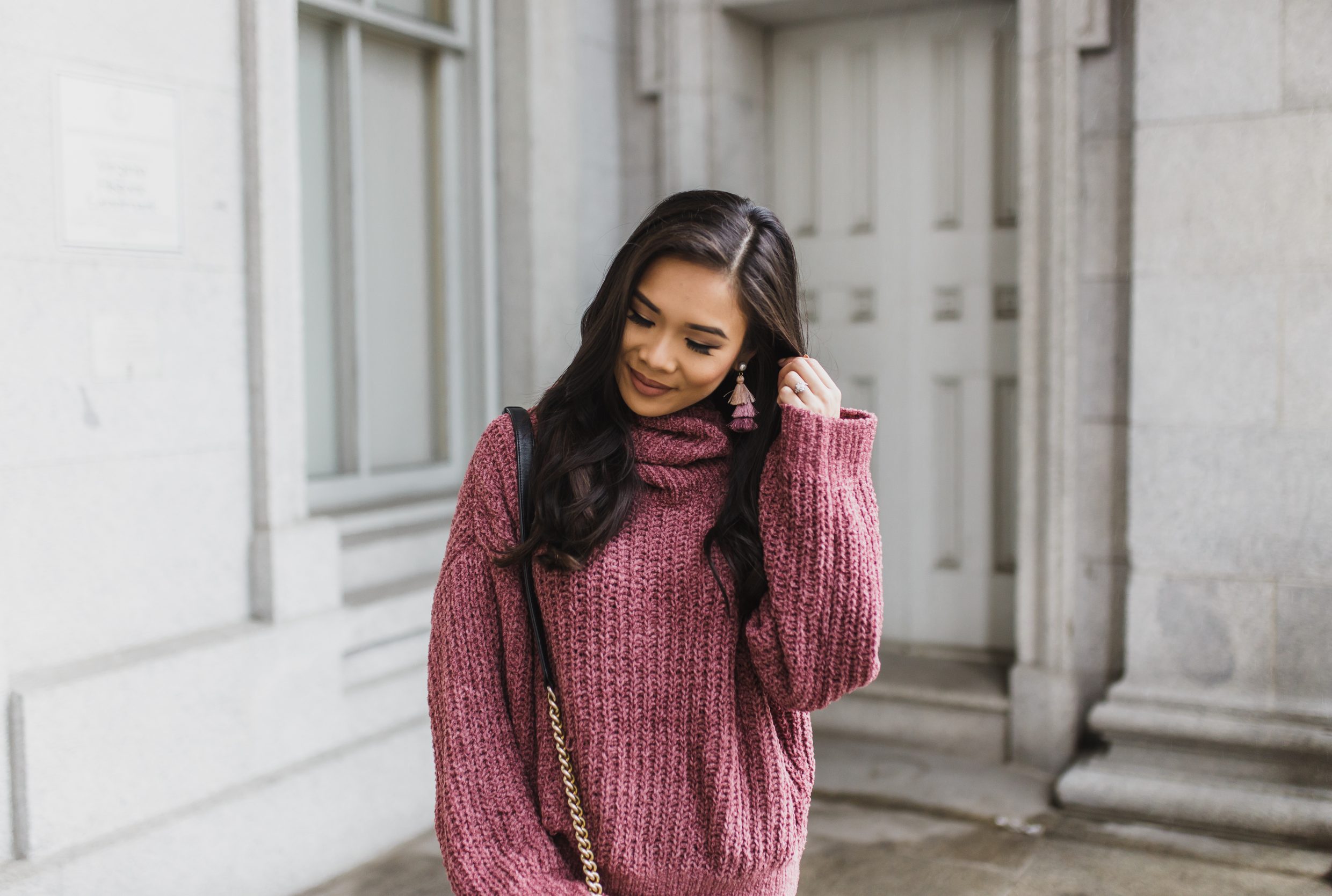 Mauve cowl neck sweater with ombre tassel earrings