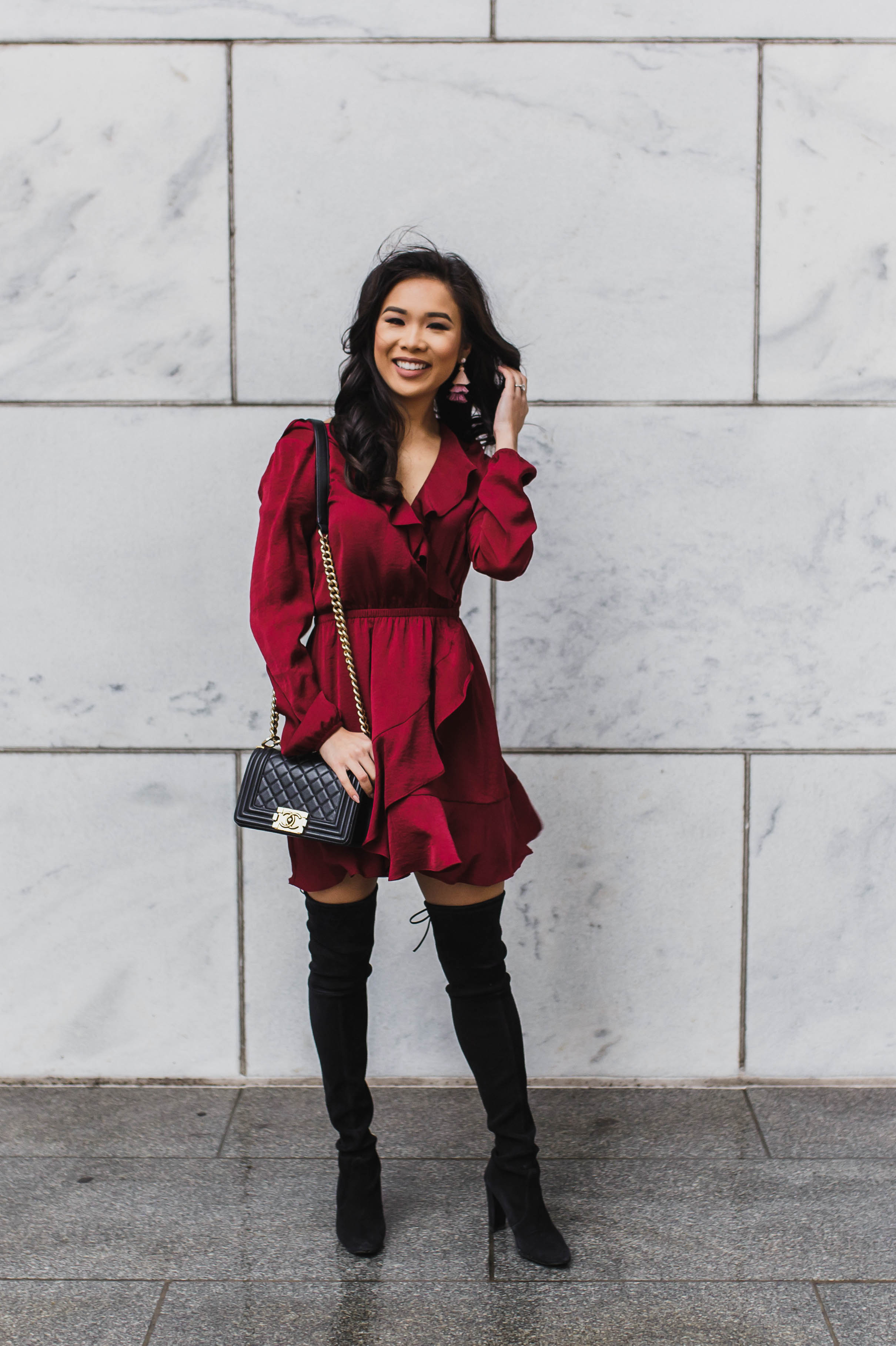 Red Ruffle Dress with over the knee boots and Chanel bag