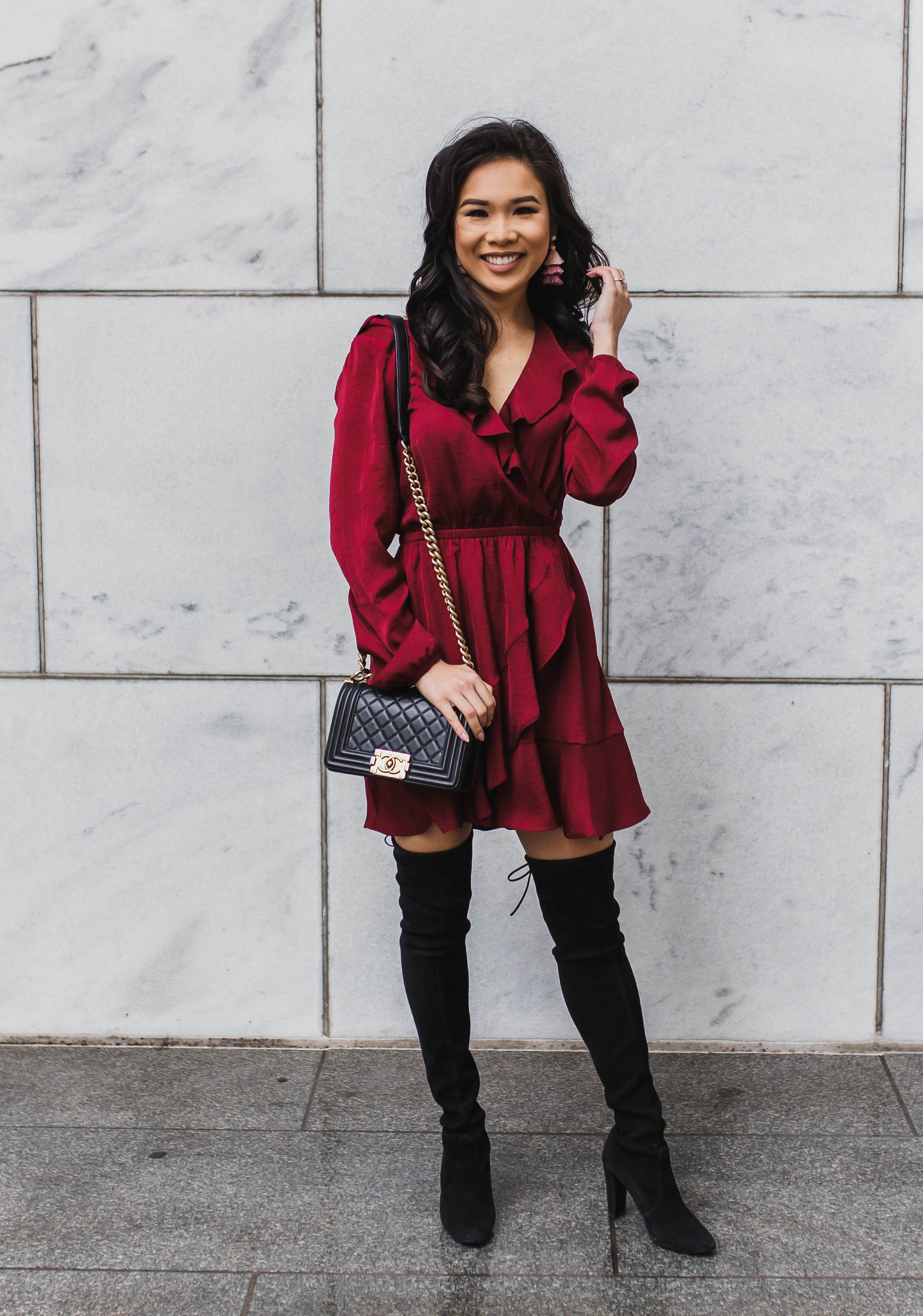 Red Ruffle Dress with over the knee boots and Chanel bag