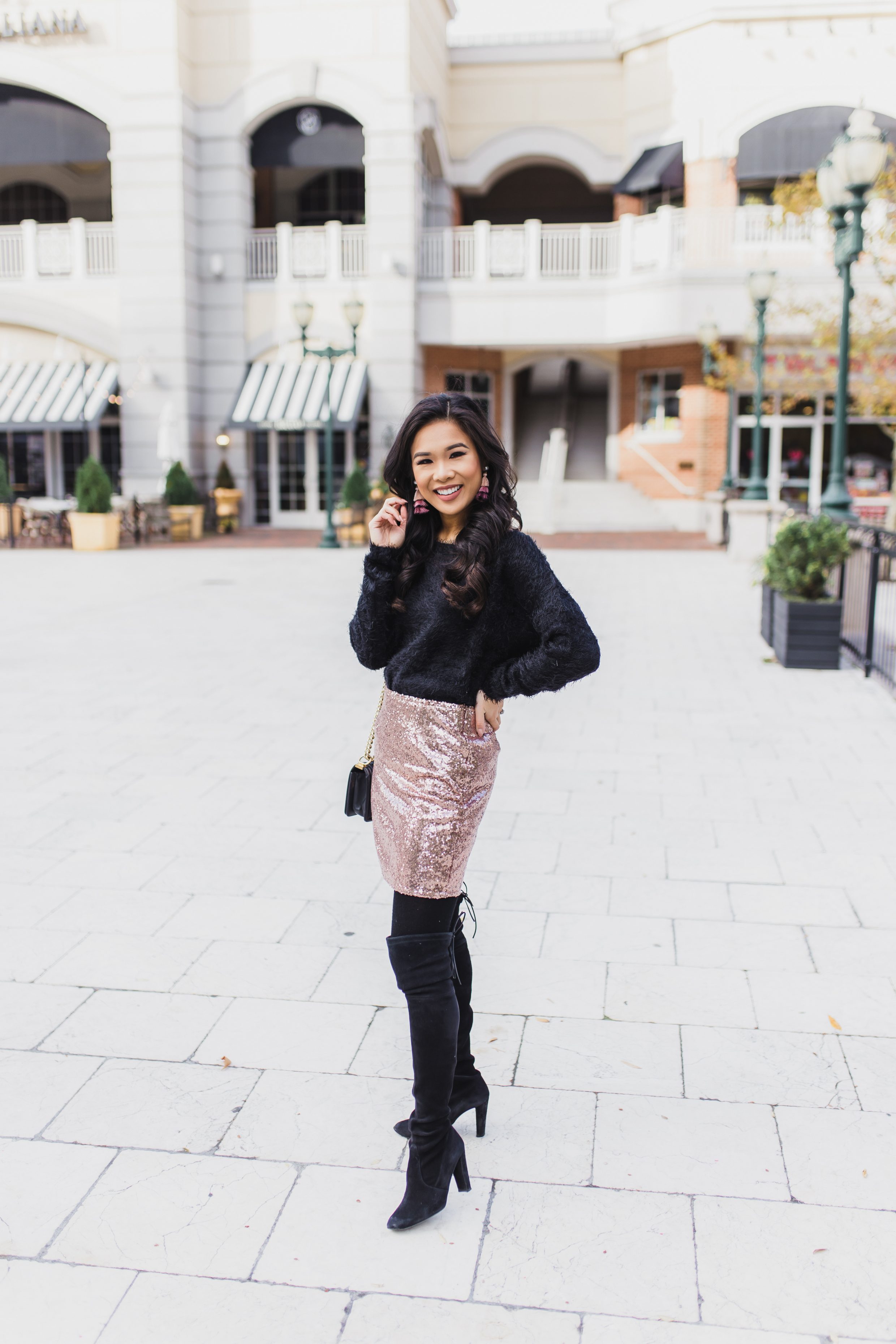 Holiday Sparkle :: Fuzzy Sweater & Rose Gold Sequin Skirt - Color & Chic
