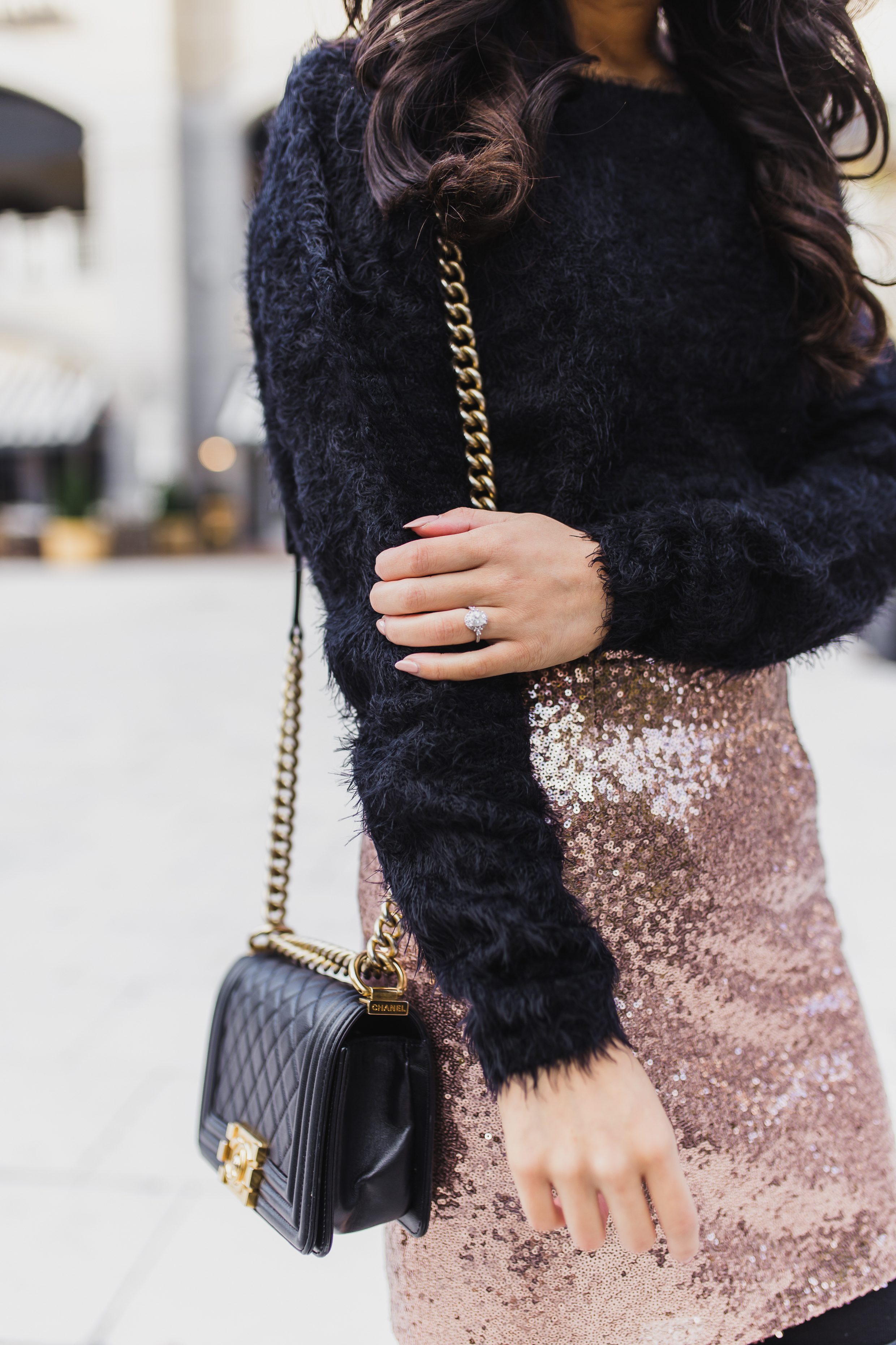 Rose gold sequin skirt and fuzzy sweater for the holidays