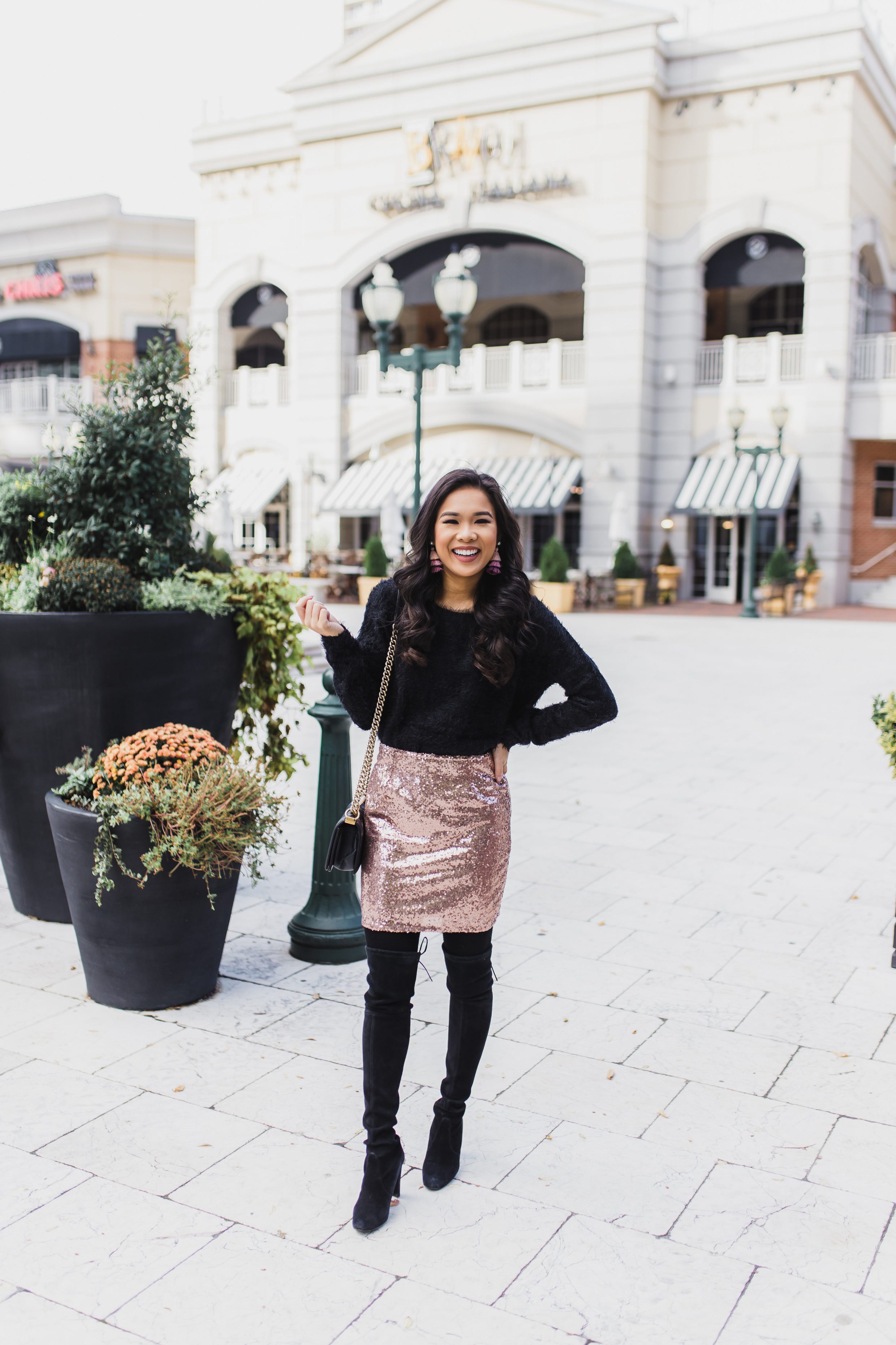Rose gold sequin skirt and fuzzy sweater for the holidays