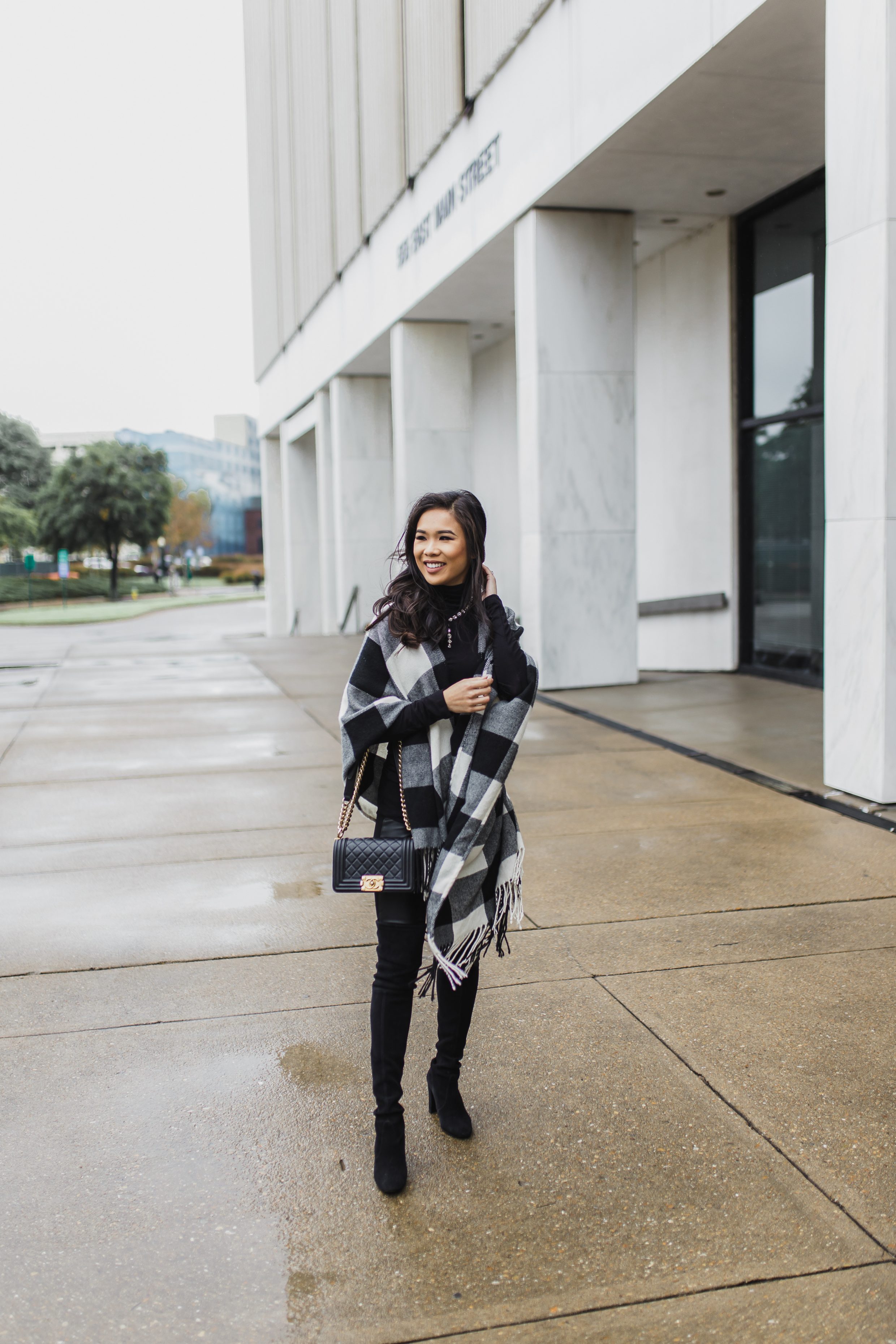 Buffalo check poncho with over the knee boots