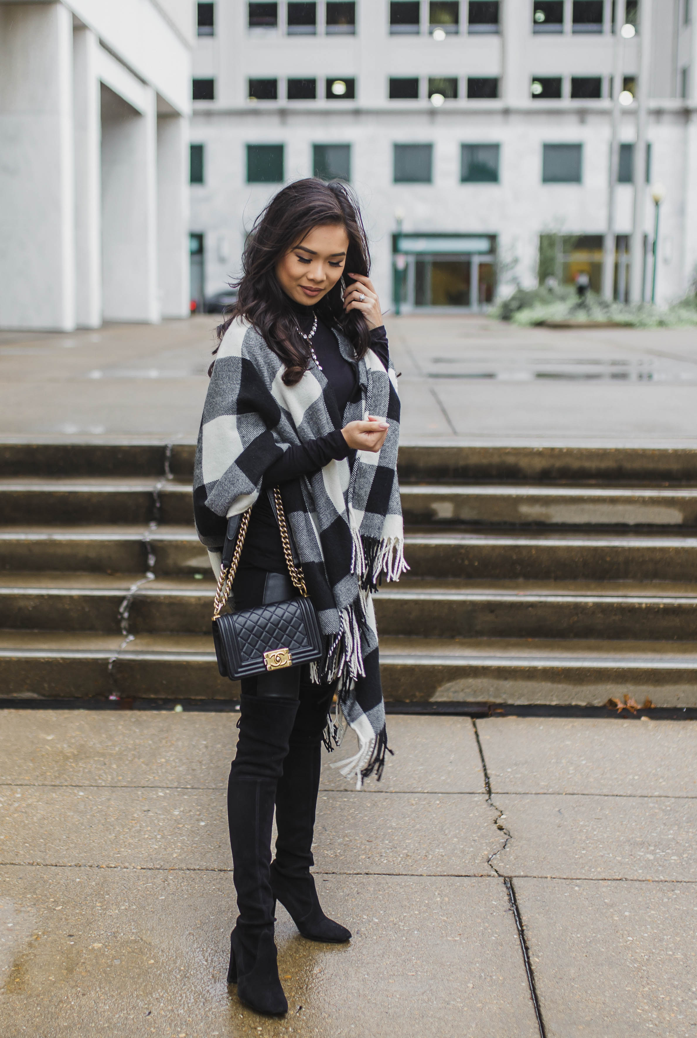 Buffalo check poncho with over the knee boots