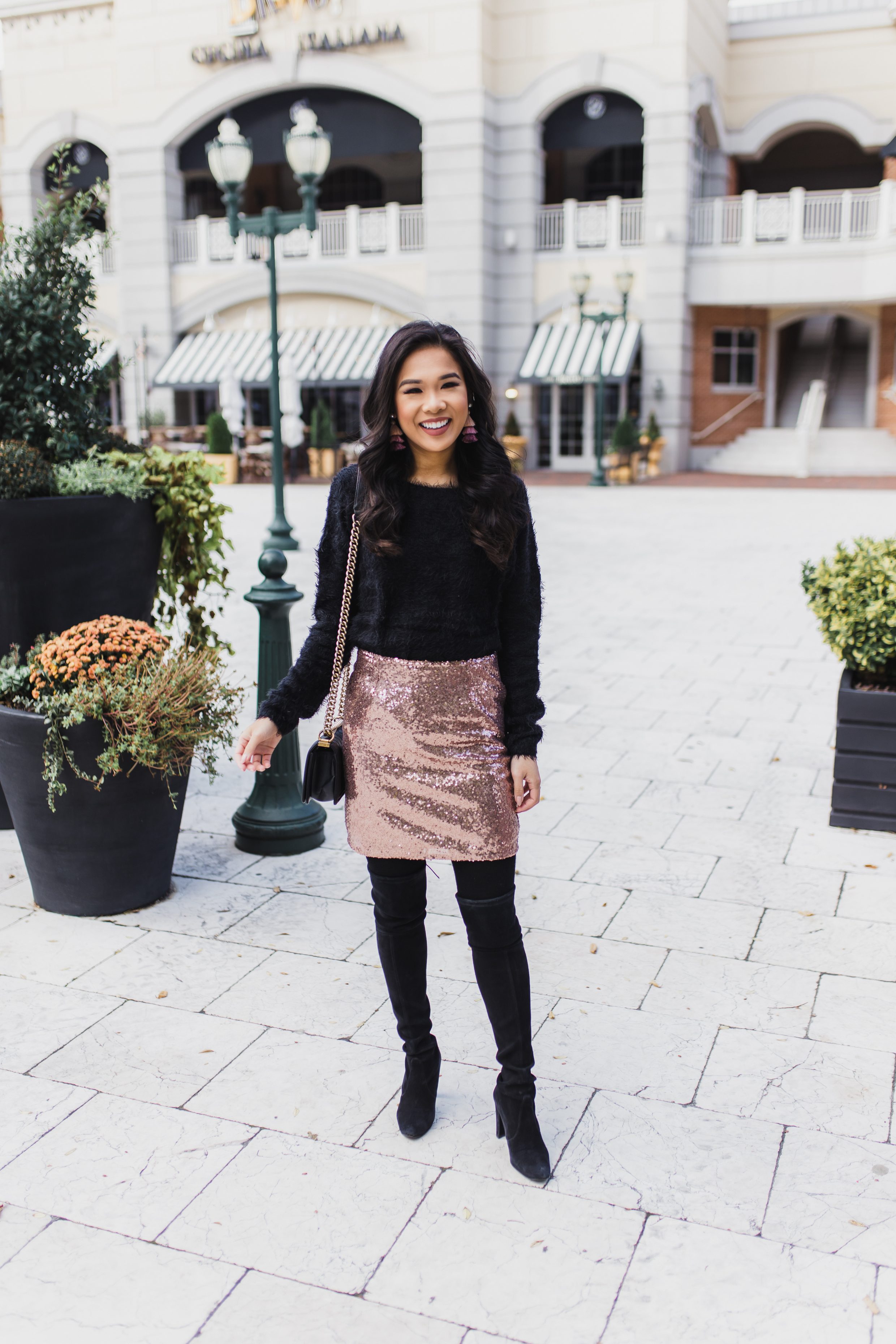 Holiday Sparkle :: Fuzzy Sweater & Rose Gold Sequin Skirt - Color & Chic