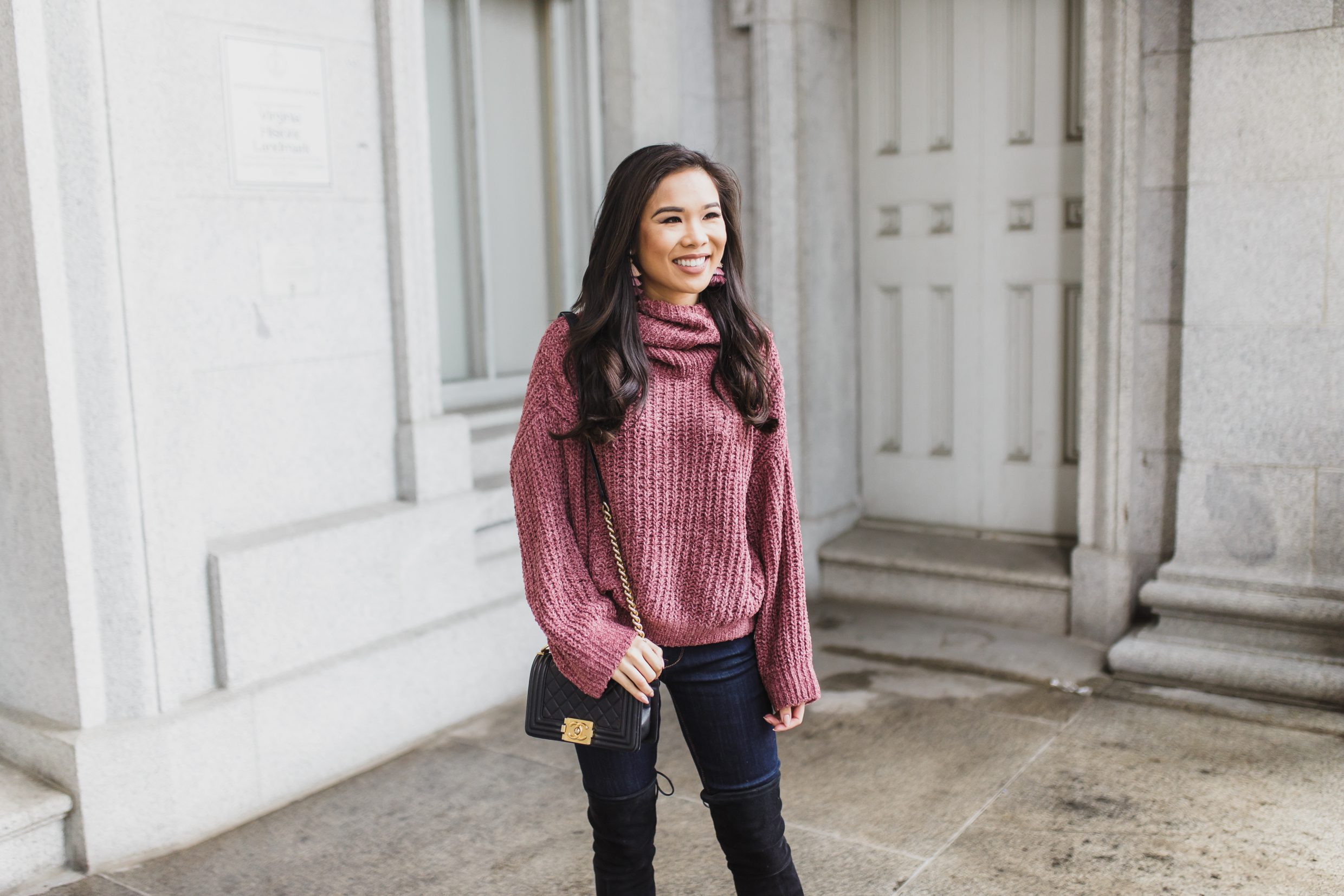 Mauve cowl neck sweater with Chanel boy bag
