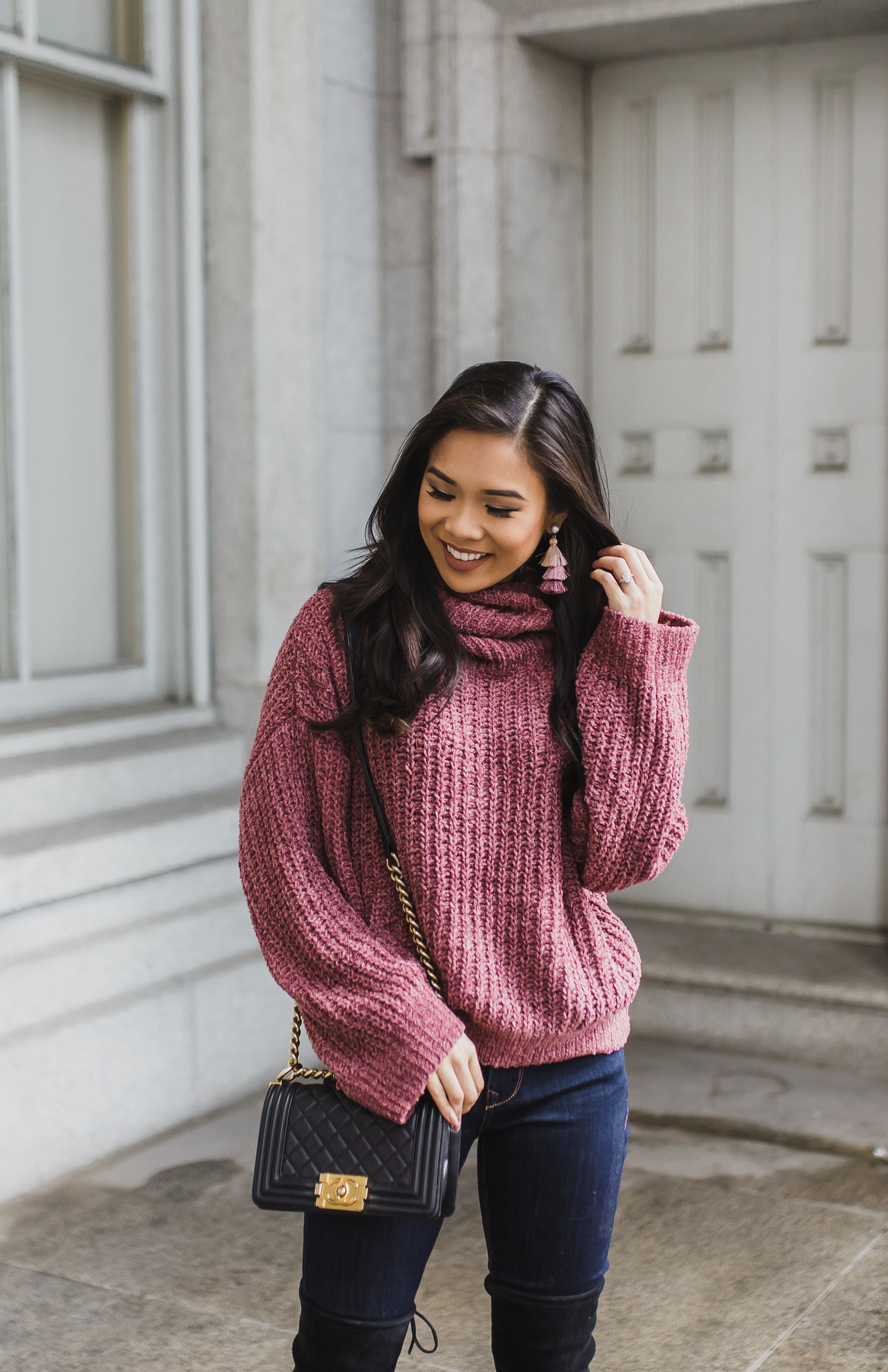 Mauve cowl neck sweater with ombre tassel earrings and Chanel boy bag