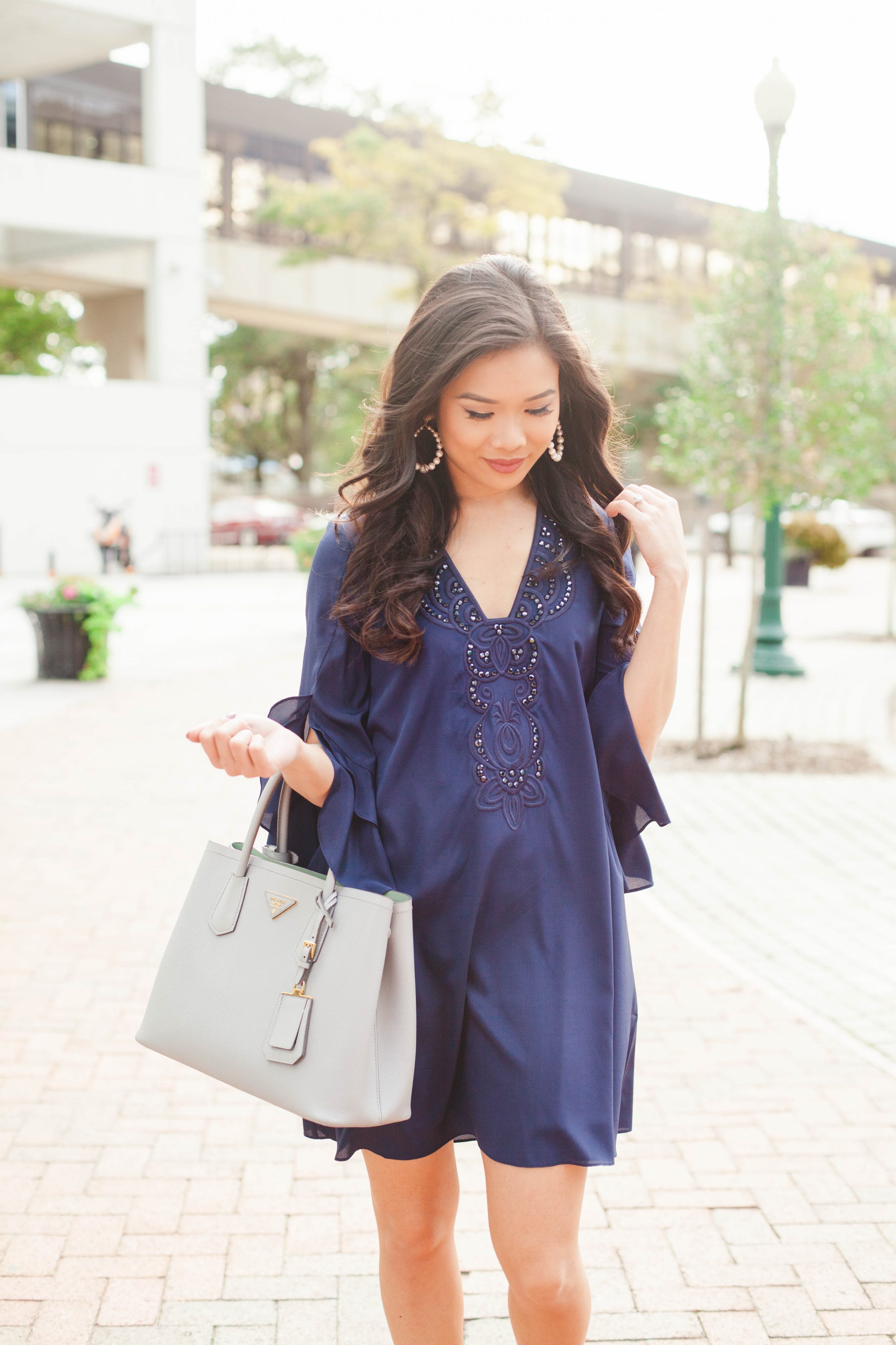 Navy blue silk tunic dress with layered sleeves