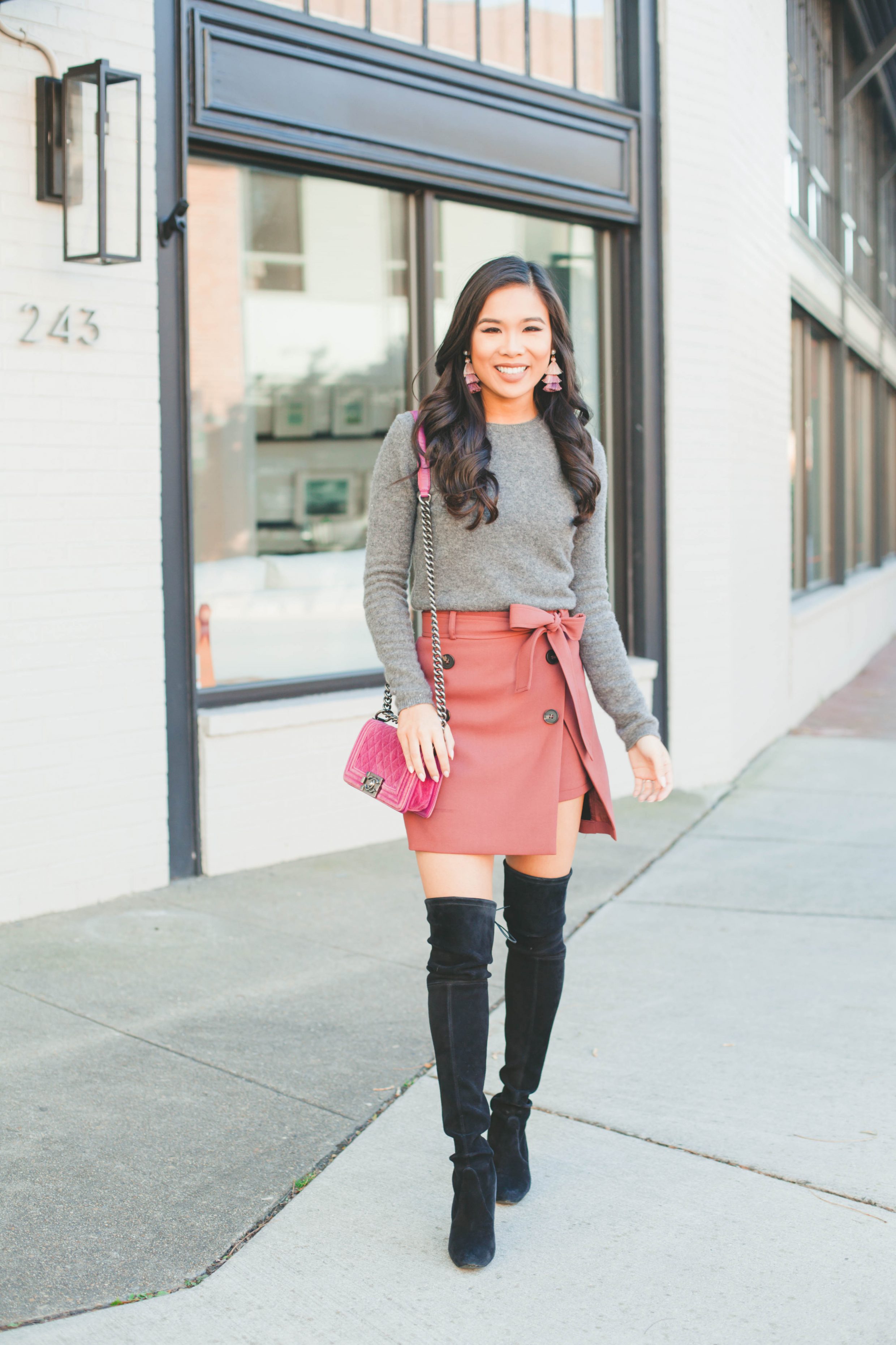 Trench Skirt with over the knee boots and velvet Chanel Boy