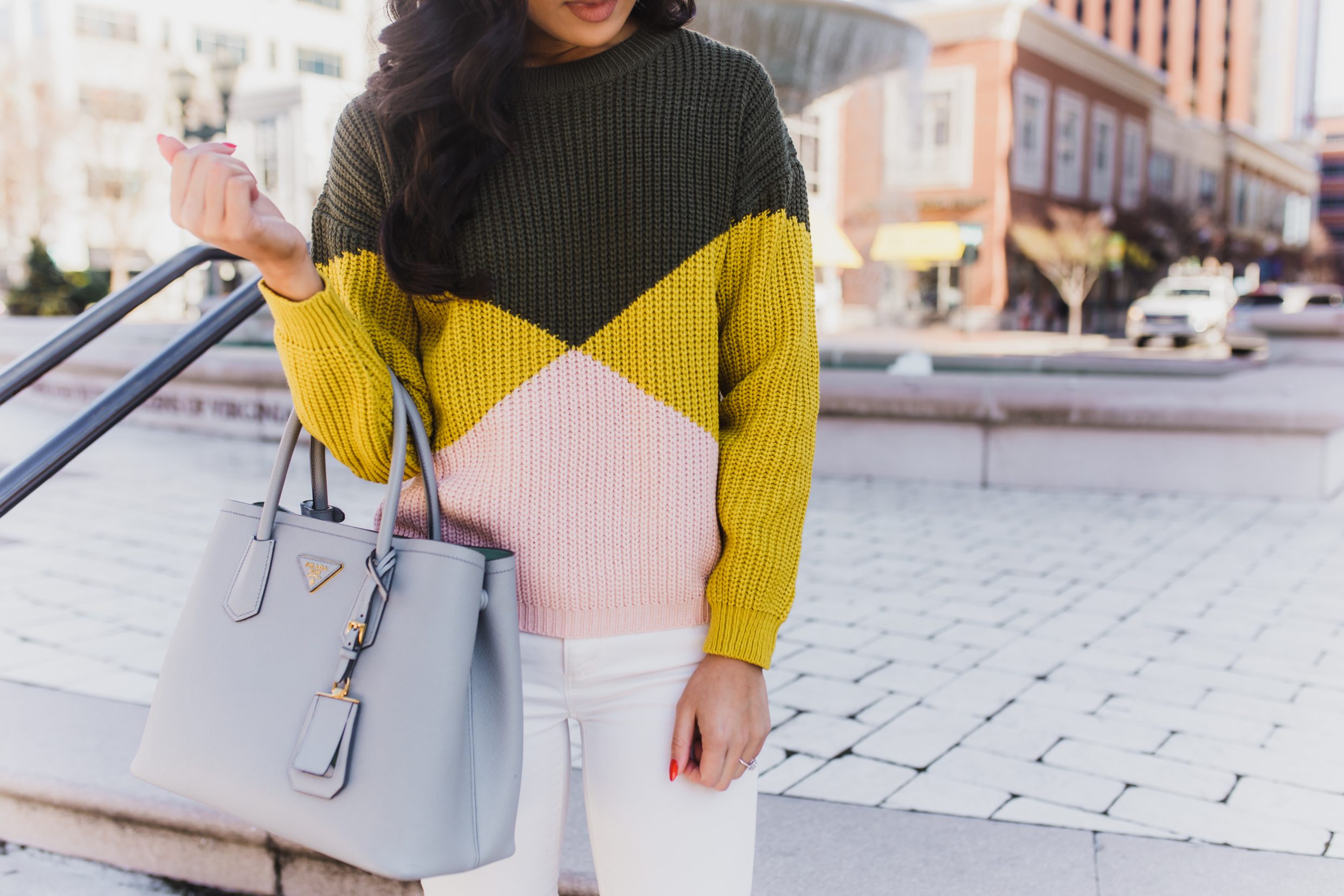 Color block sweater with Prada Cuir tote