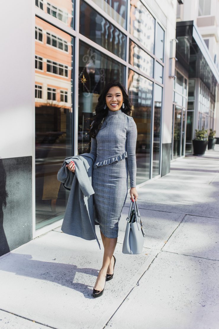 Shades Of Gray For Work :: Check Midi Dress & Coat - Color & Chic