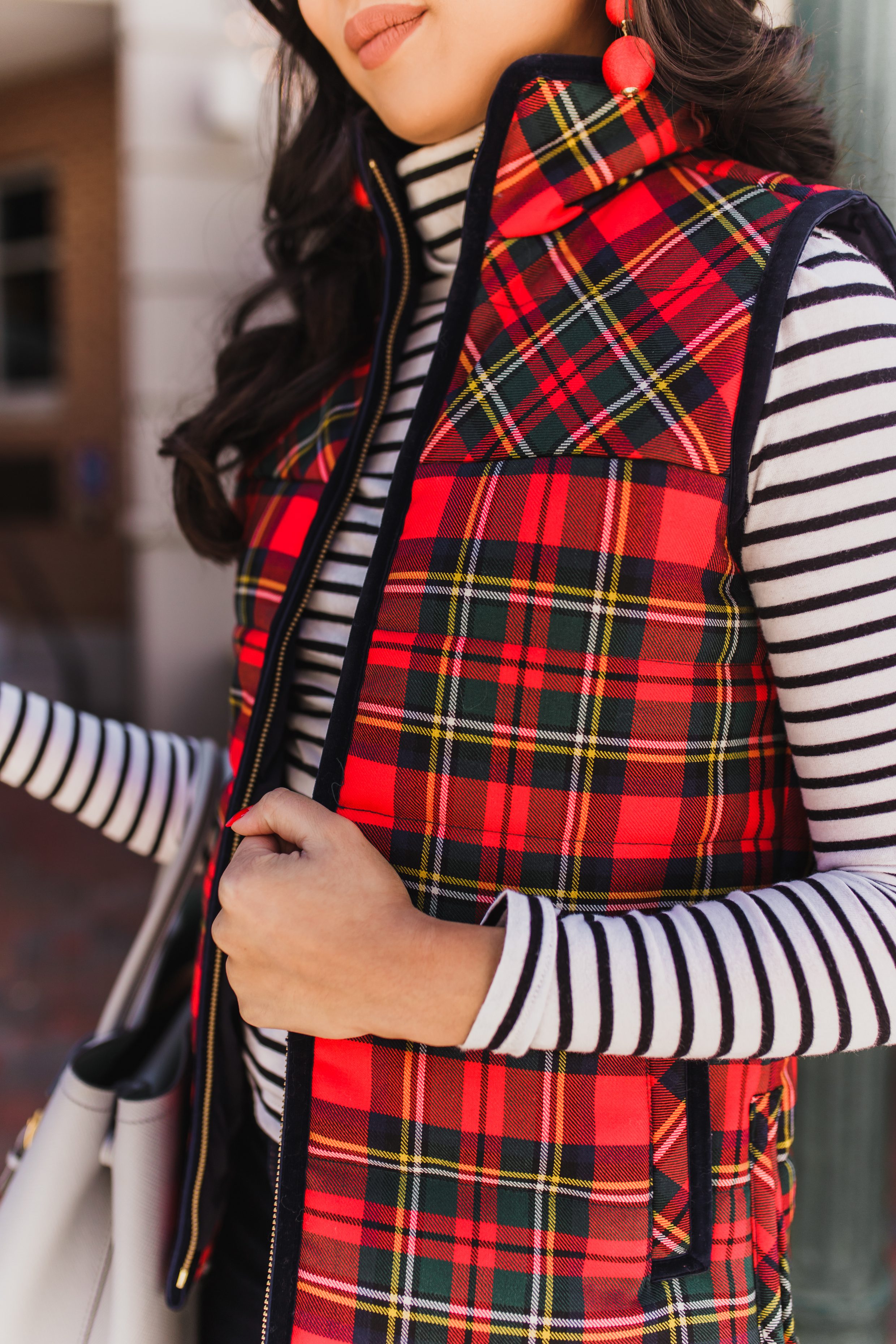 Tartan vest with striped turtleneck and over the knee boots
