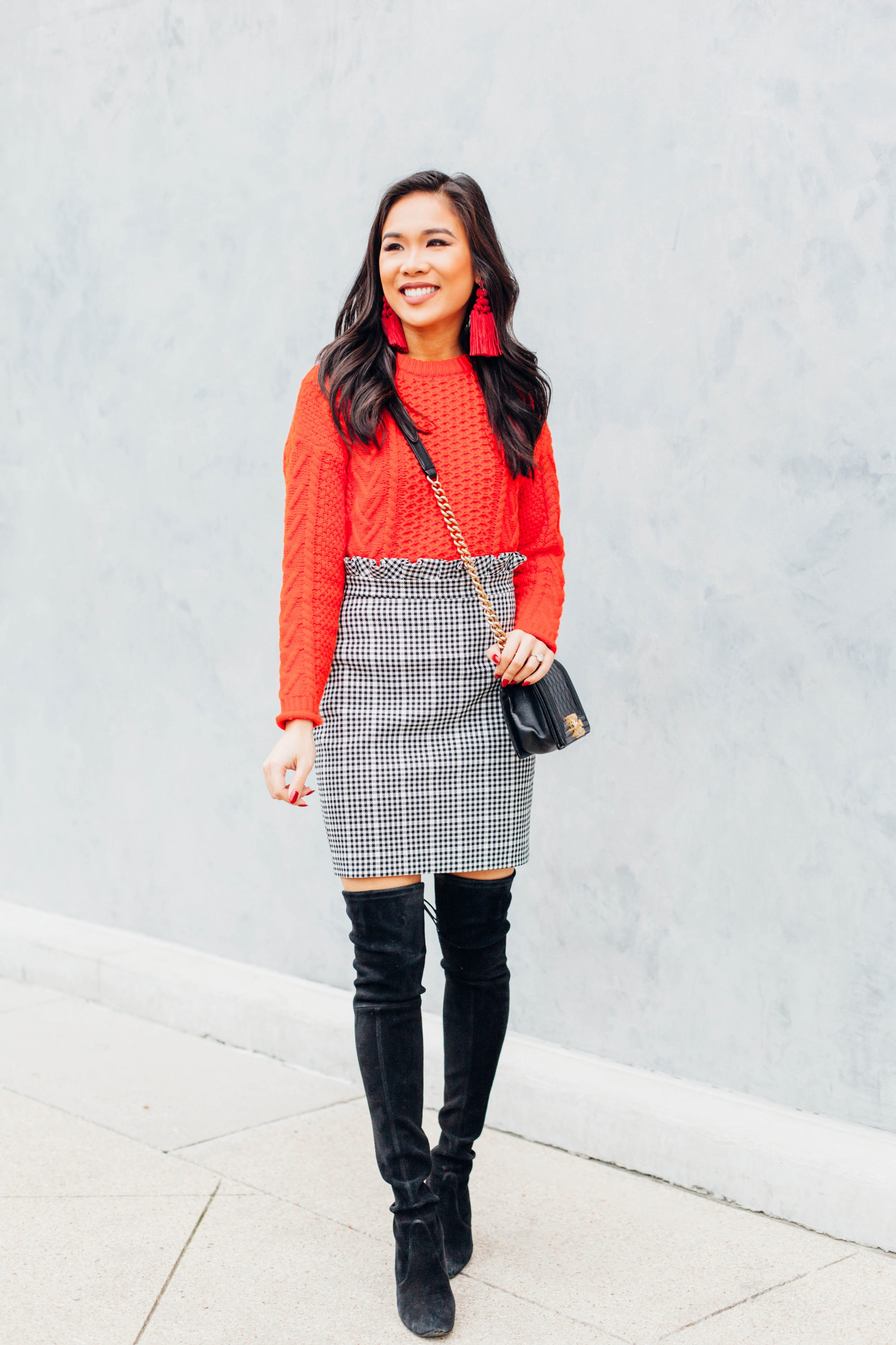 Gingham paperbag mini skirt with red cable pullover