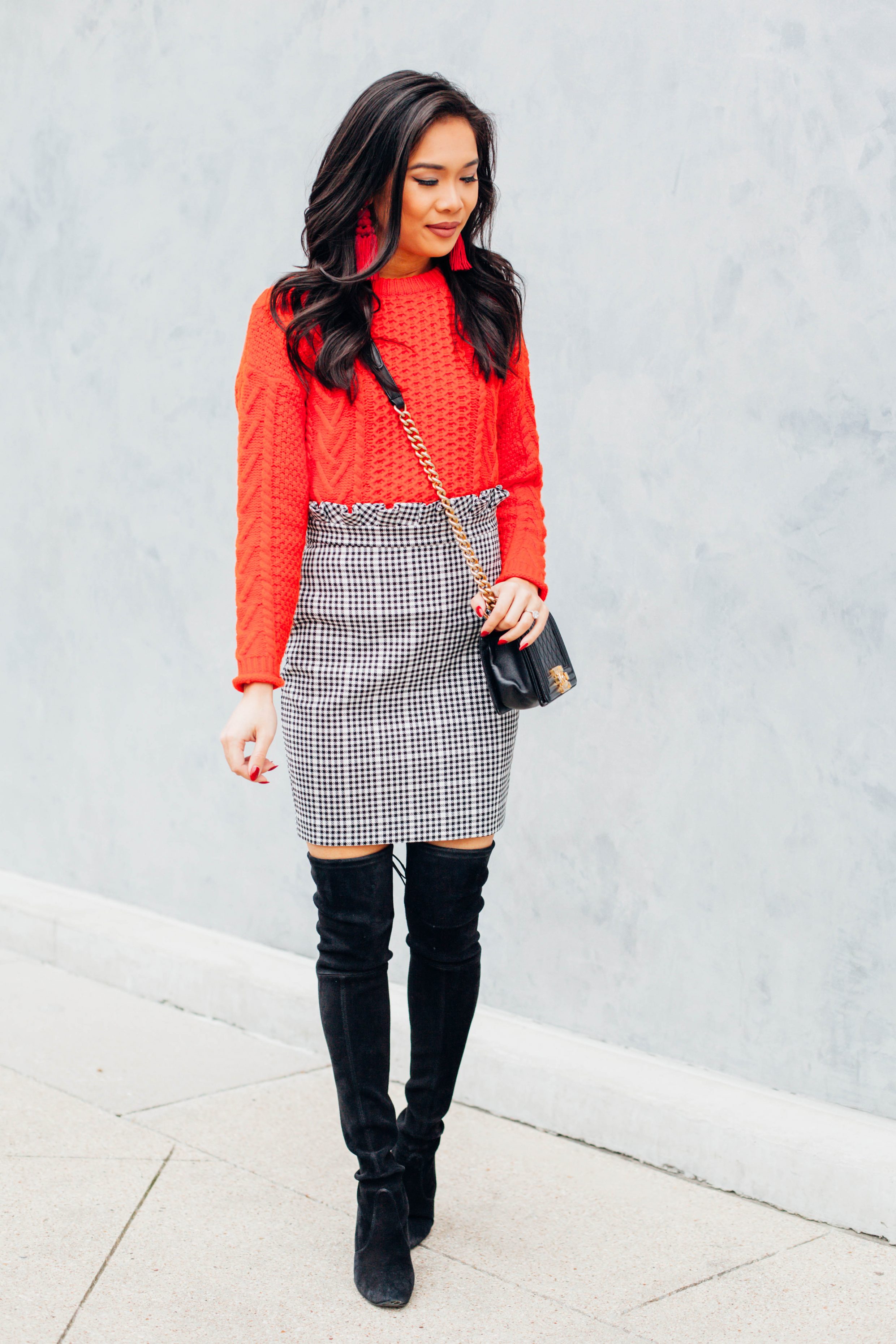 Gingham paperbag mini skirt with red cable pullover