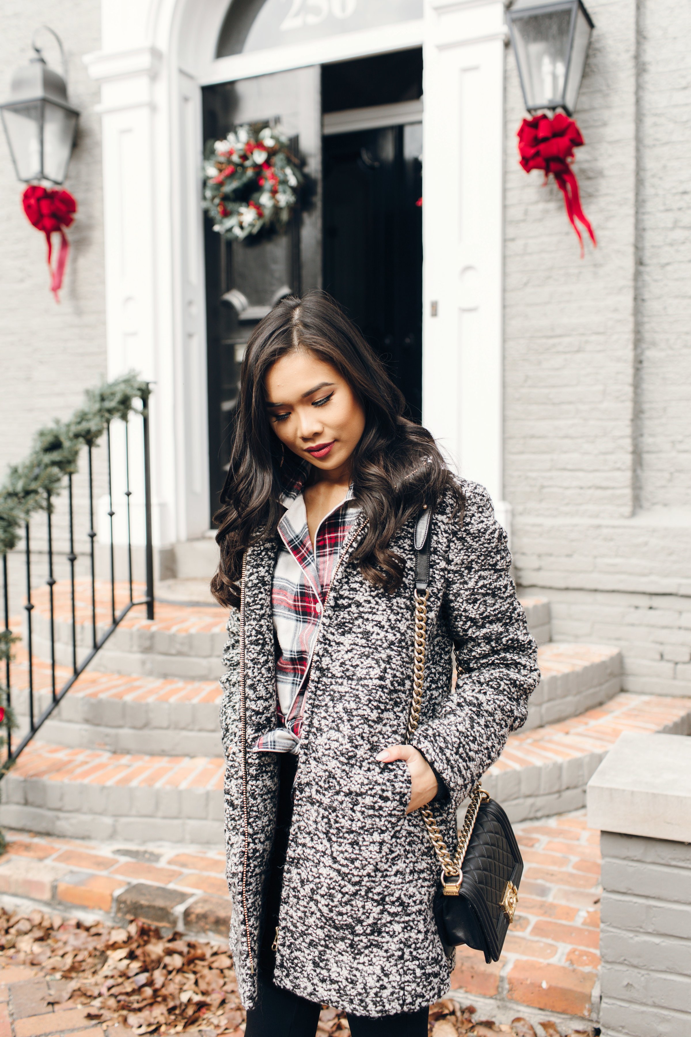 Speckled boucle wool coat and flannel pajama top