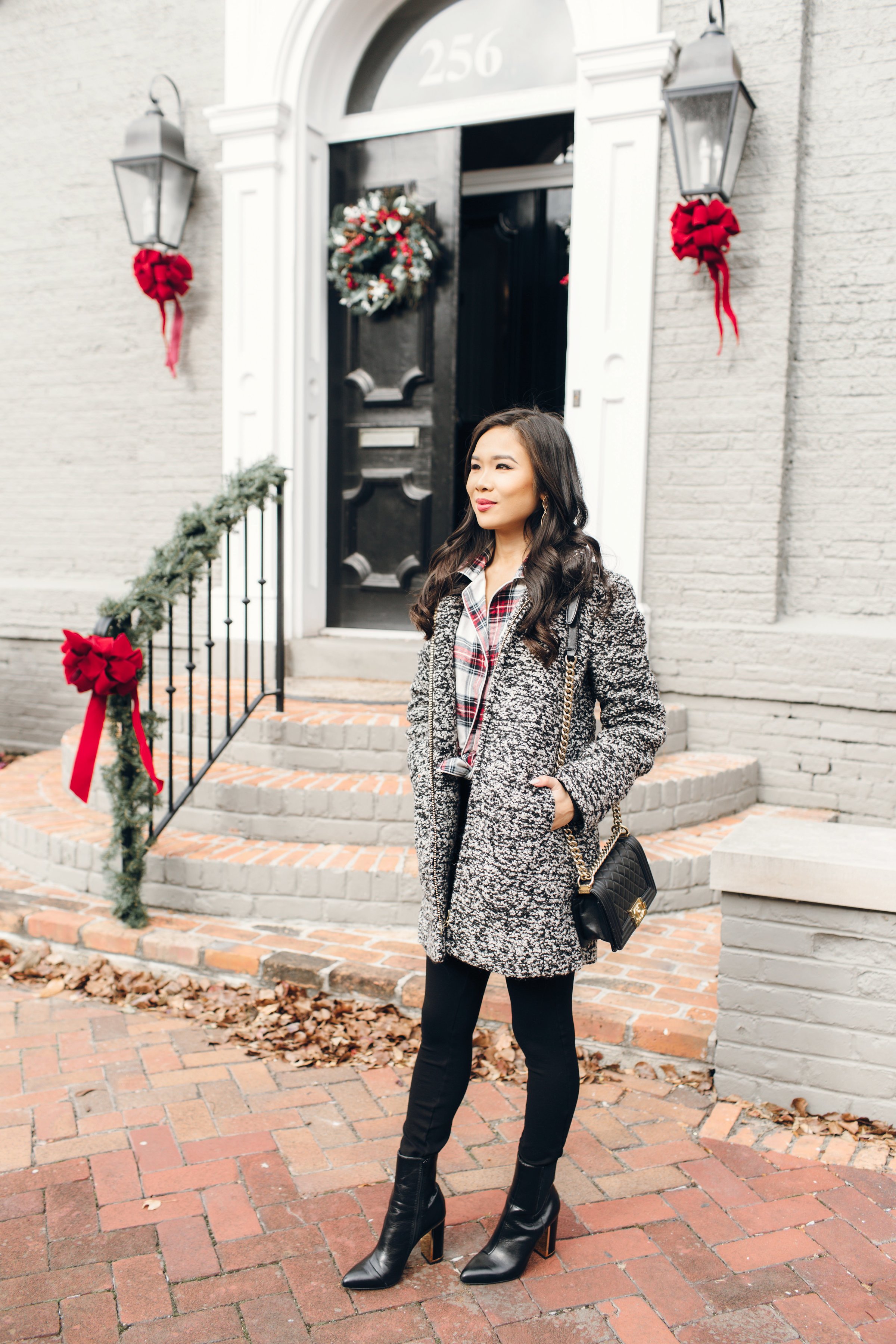 Speckled boucle wool coat and flannel pajama top