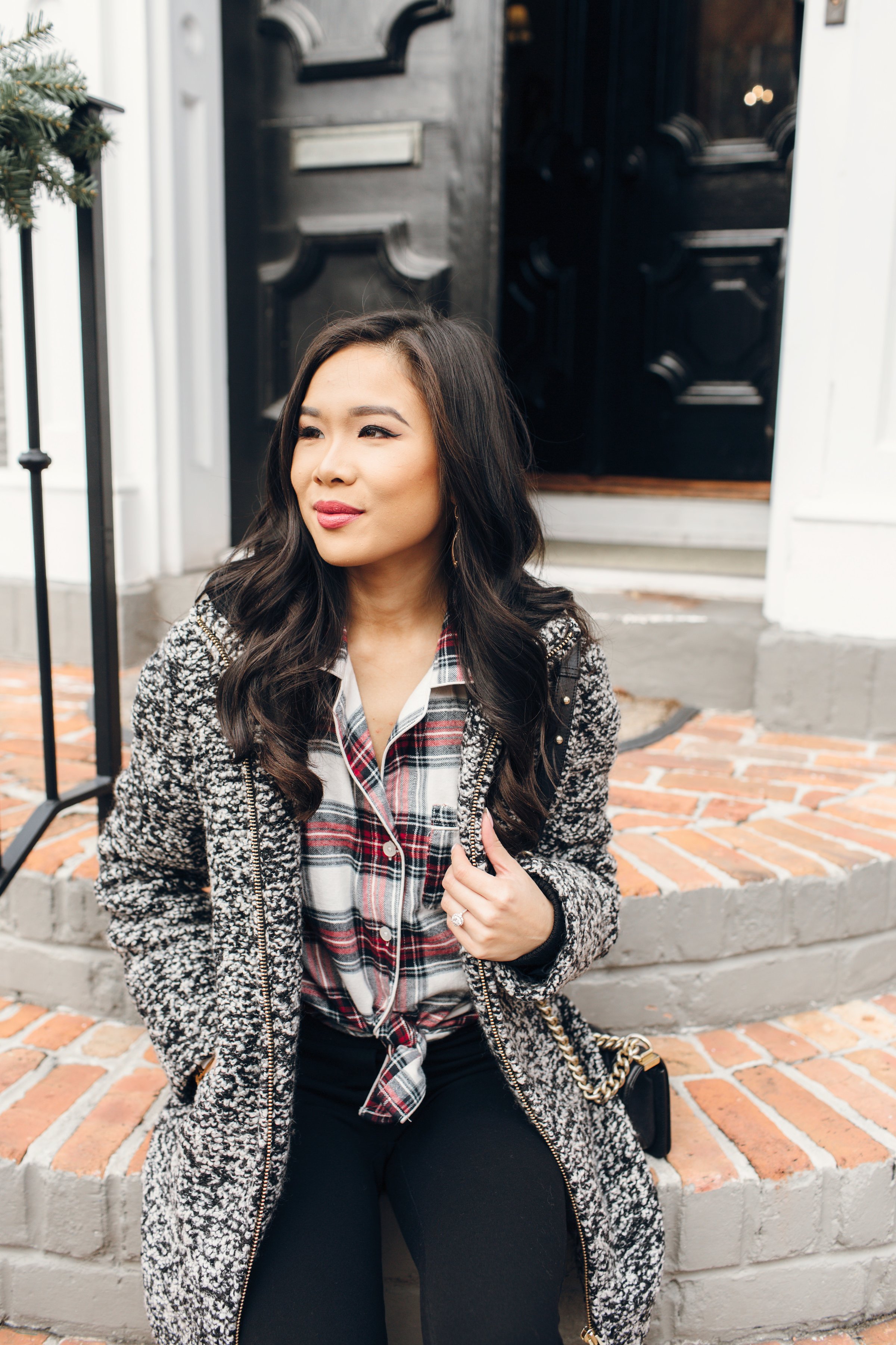 Holiday Casual :: Boucle Wool Coat & Flannel Pajama Top - Color & Chic