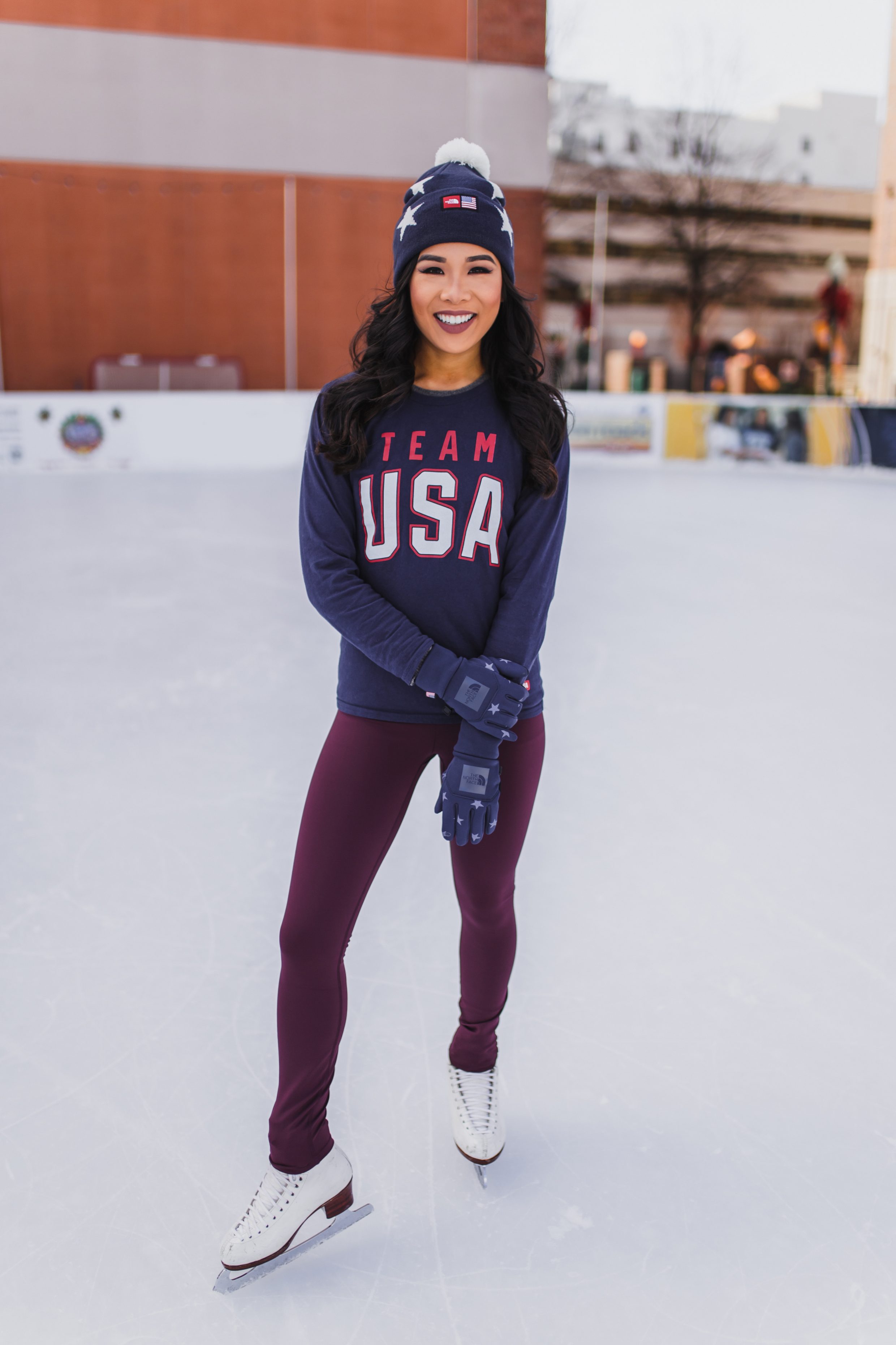 Team USA look for 2018 PyeongChang Olympics with burgundy leggings and matching beanie and gloves for figure skating