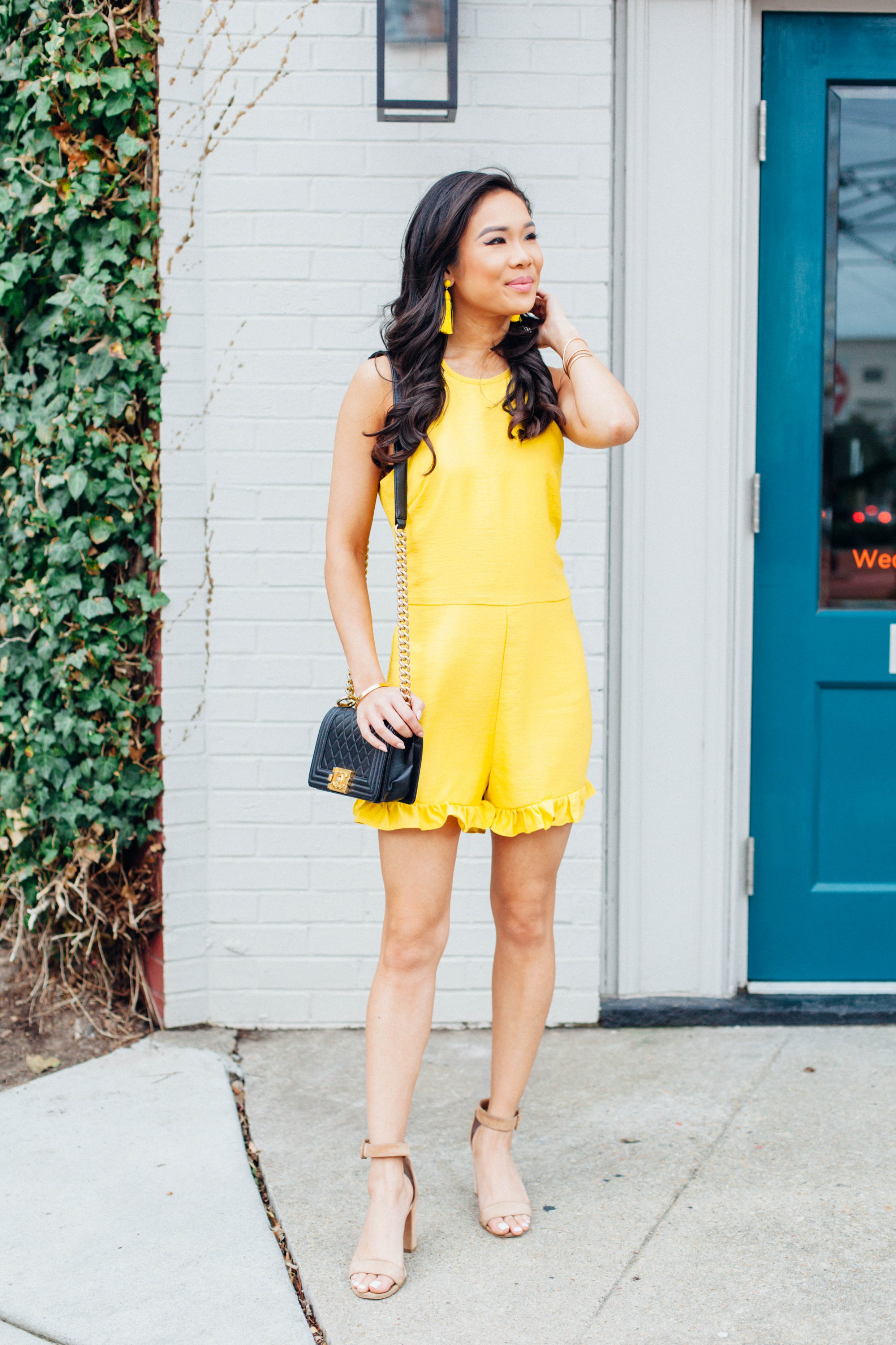 Yellow Ruffle Romper for Spring and Summer Outfit Idea