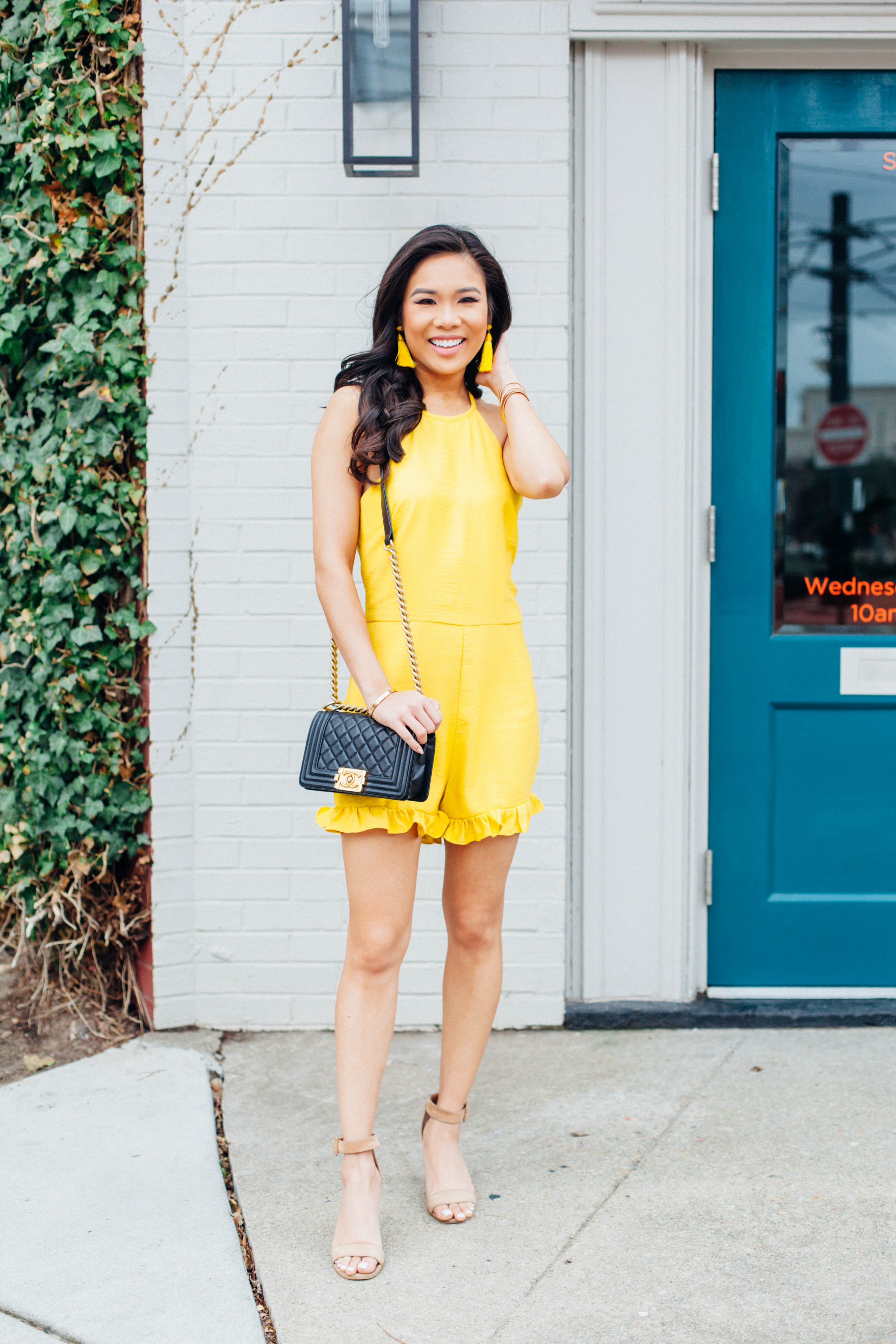 Yellow Ruffle Romper for Spring and Summer Outfit Idea
