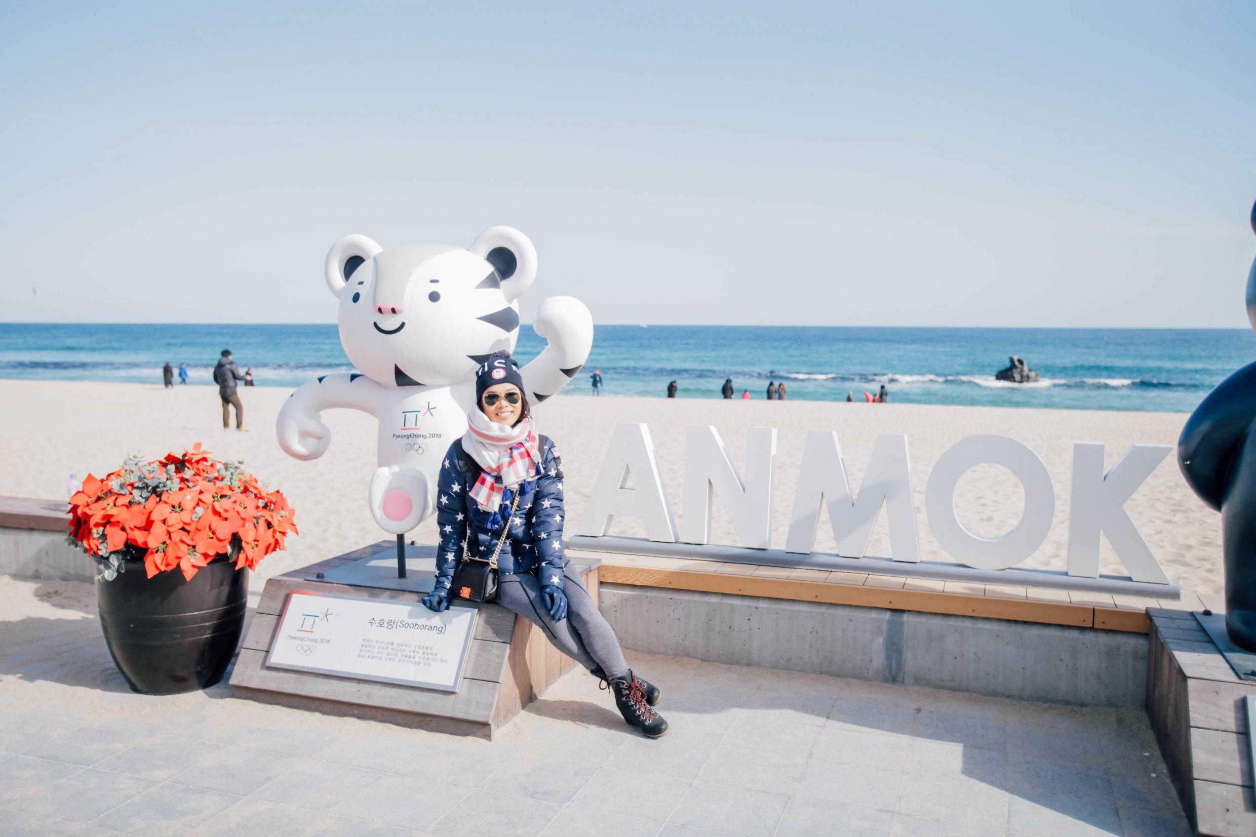 Hoang-Kim wearing The North Face Star Print Jacket and Sorel Conquest Wedge Boots at Anmok Beach during the PyeongChang 2018 Winter Olympics