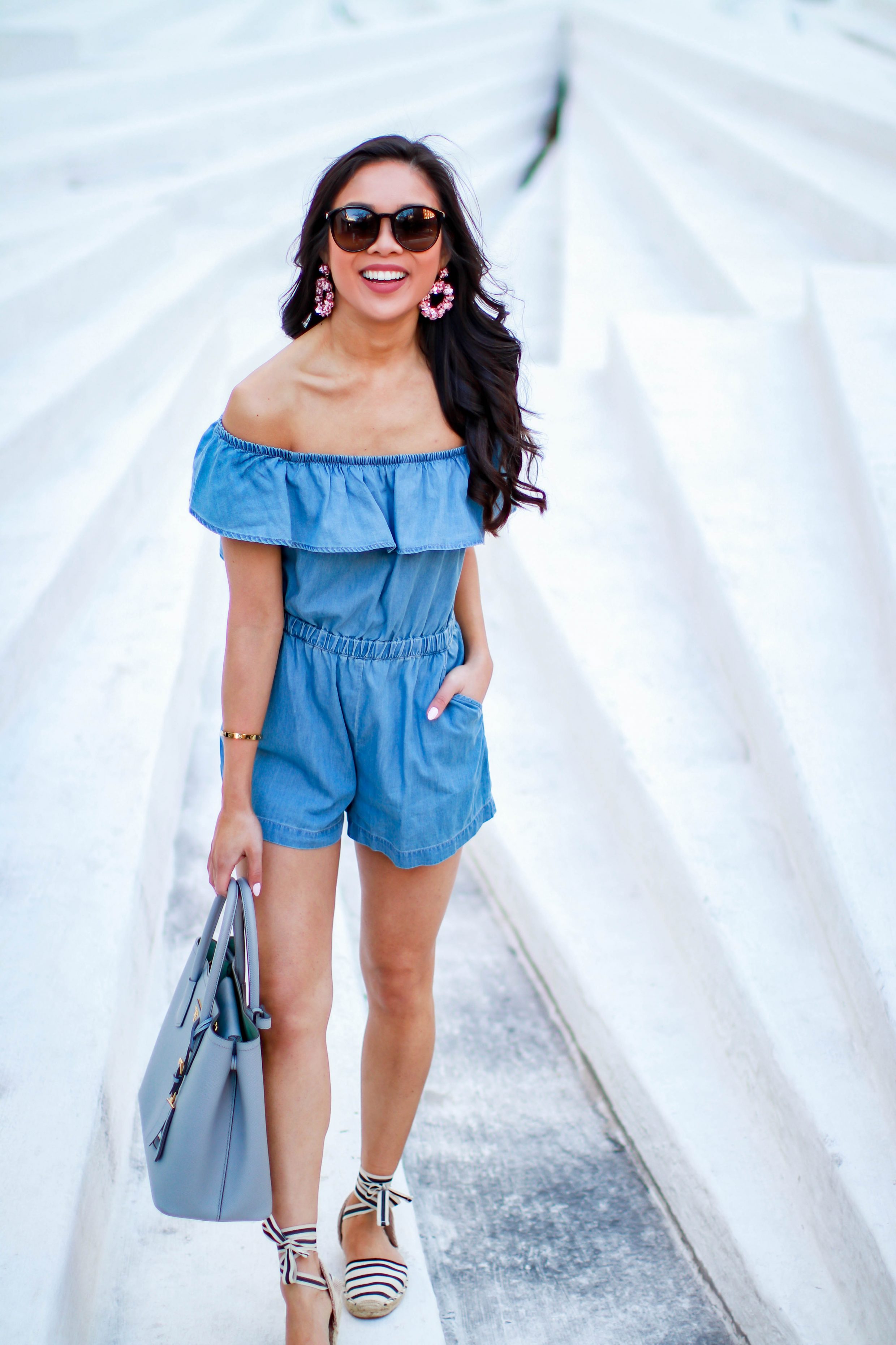 Off the shoulder chambray romper for spring and summer