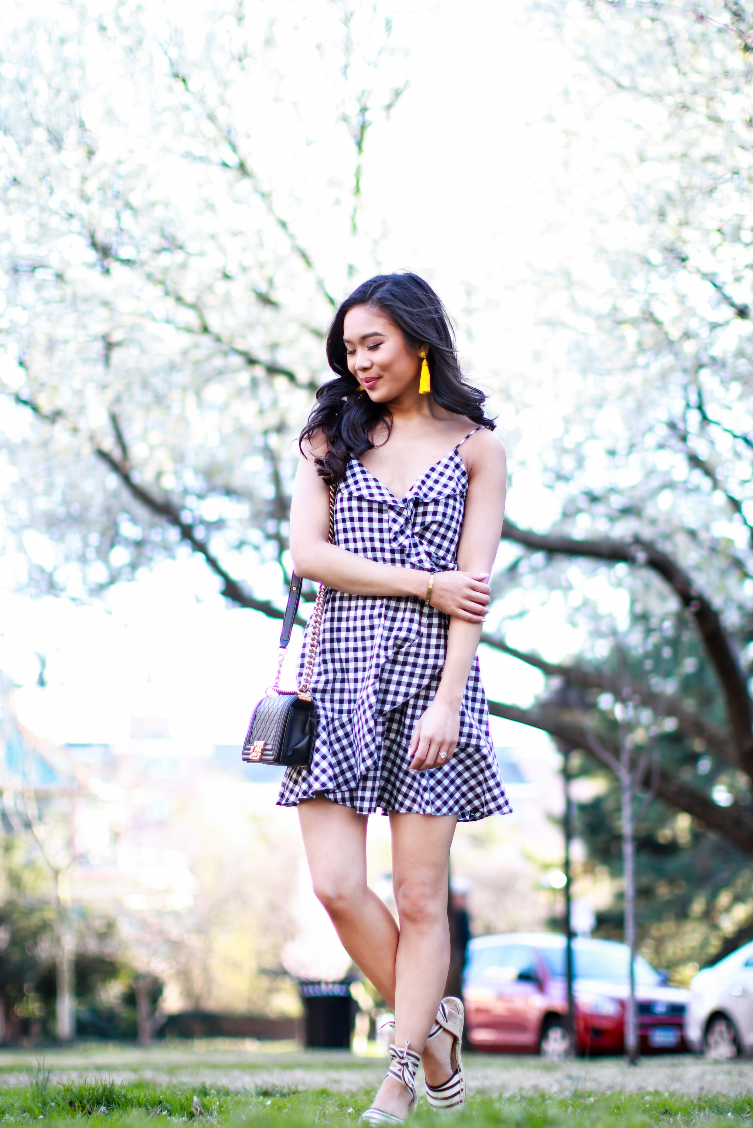 Black and white gingham dress with striped espadrilles